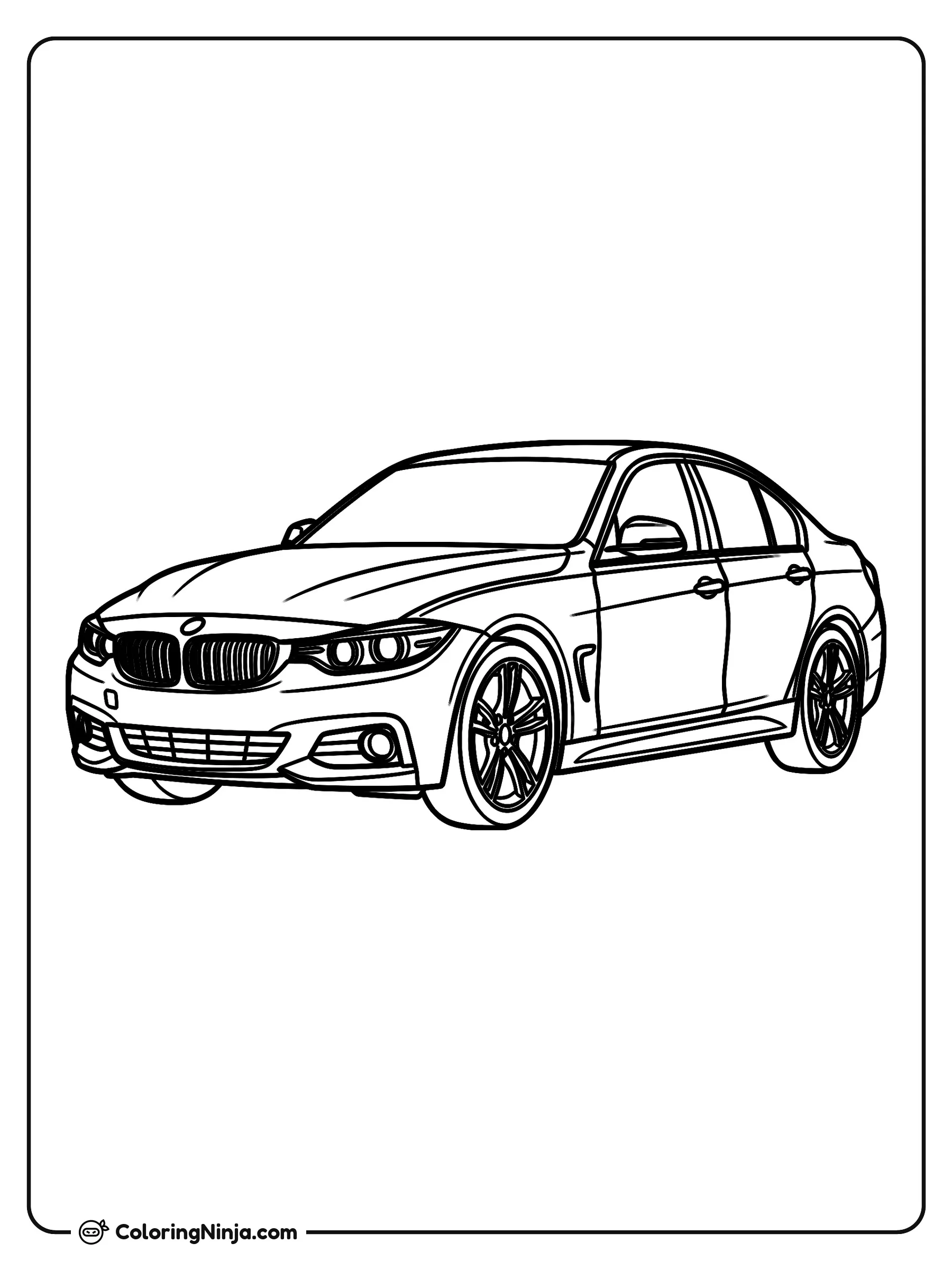 Automóvil moderno de la marca BMW, dibujo para colorear: Un moderno auto BMW se encuentra estacionado y listo para salir a la carretera.