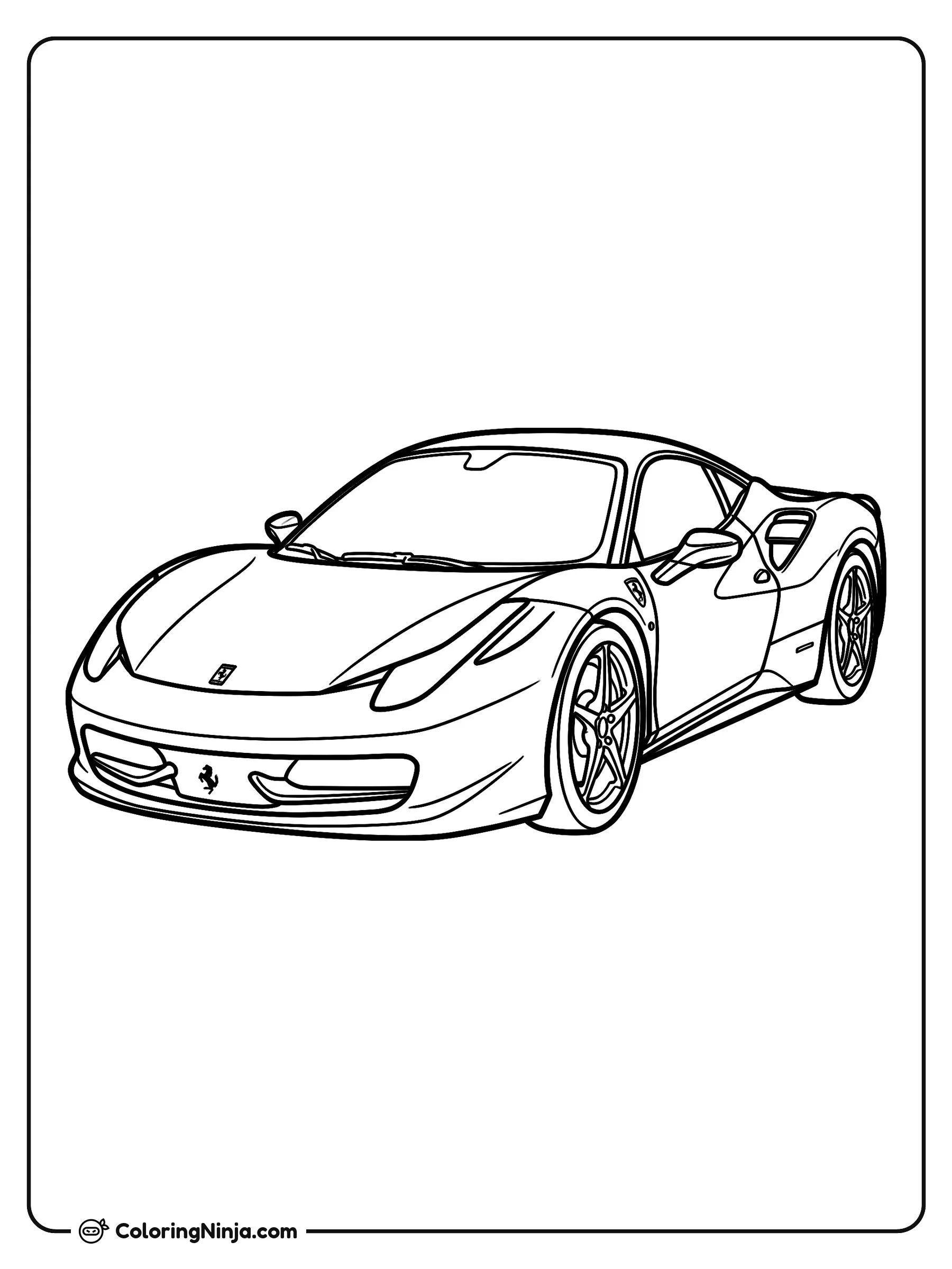 Auto Deportivo Ferrari Elegante, dibujo para colorear: Un elegante auto deportivo Ferrari está estacionado en un ángulo dinámico de tres cuartos.
