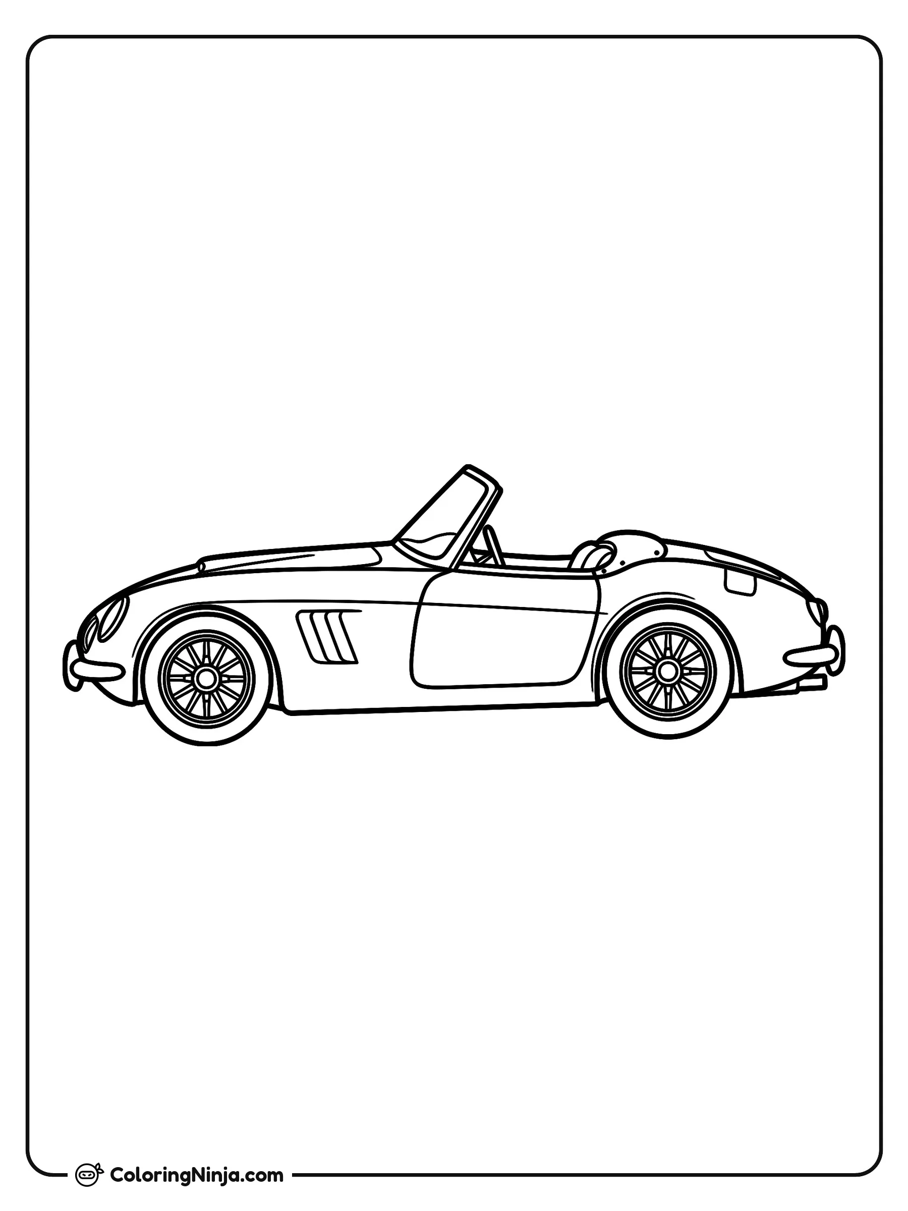 Auto convertible clásico de estilo deportivo, dibujo para colorear: Un auto convertible clásico presenta una carrocería estilizada con asientos al aire libre, faros redondos, rejillas laterales y rines detallados.