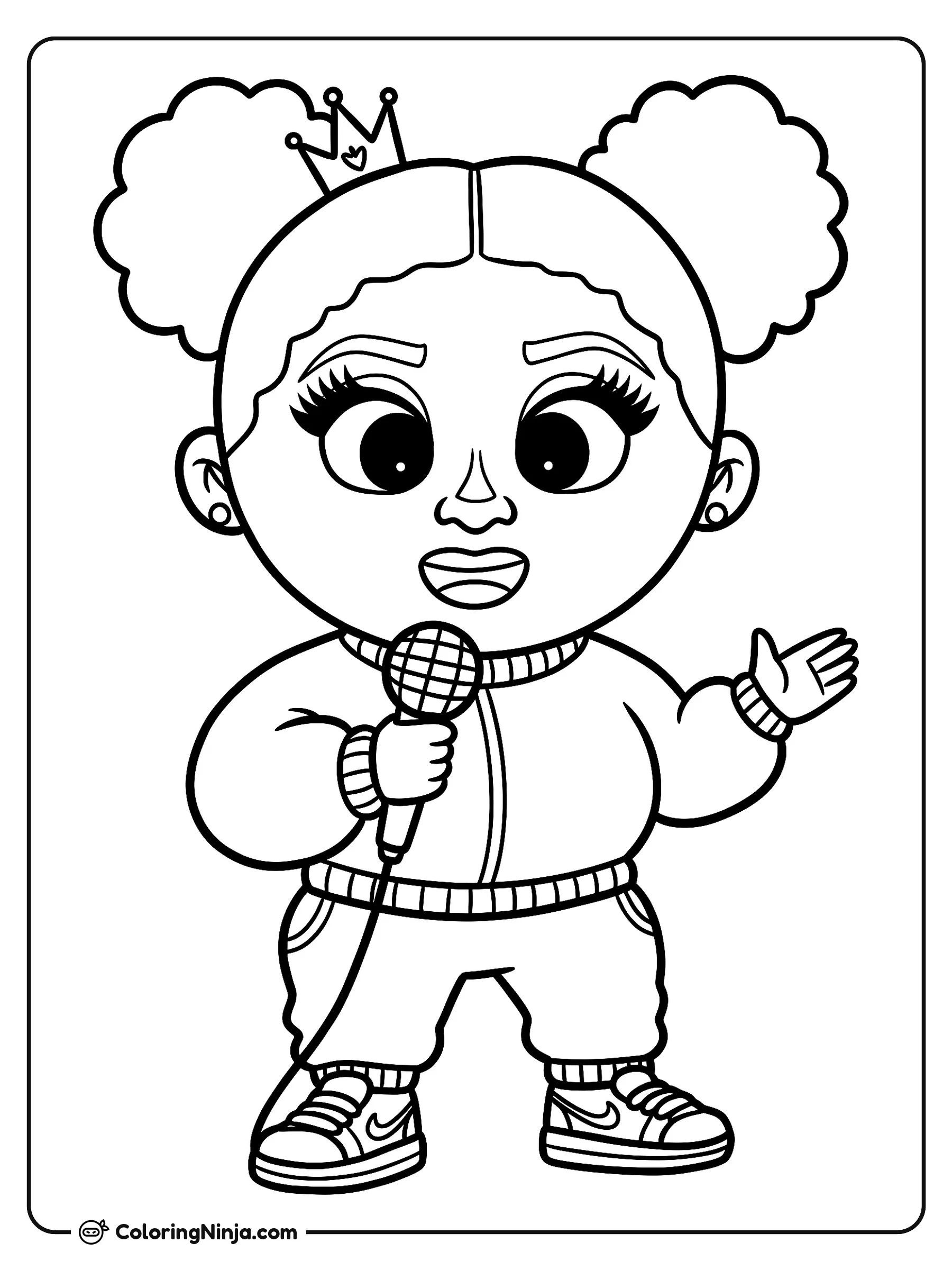 La rapera Cardi B estilo dibujo animado, dibujo para colorear: Una versión animada de la rapera Cardi B sostiene un micrófono mientras gesticula con la otra mano. Lleva dos moños altos, una pequeña corona, un conjunto deportivo y zapatillas.