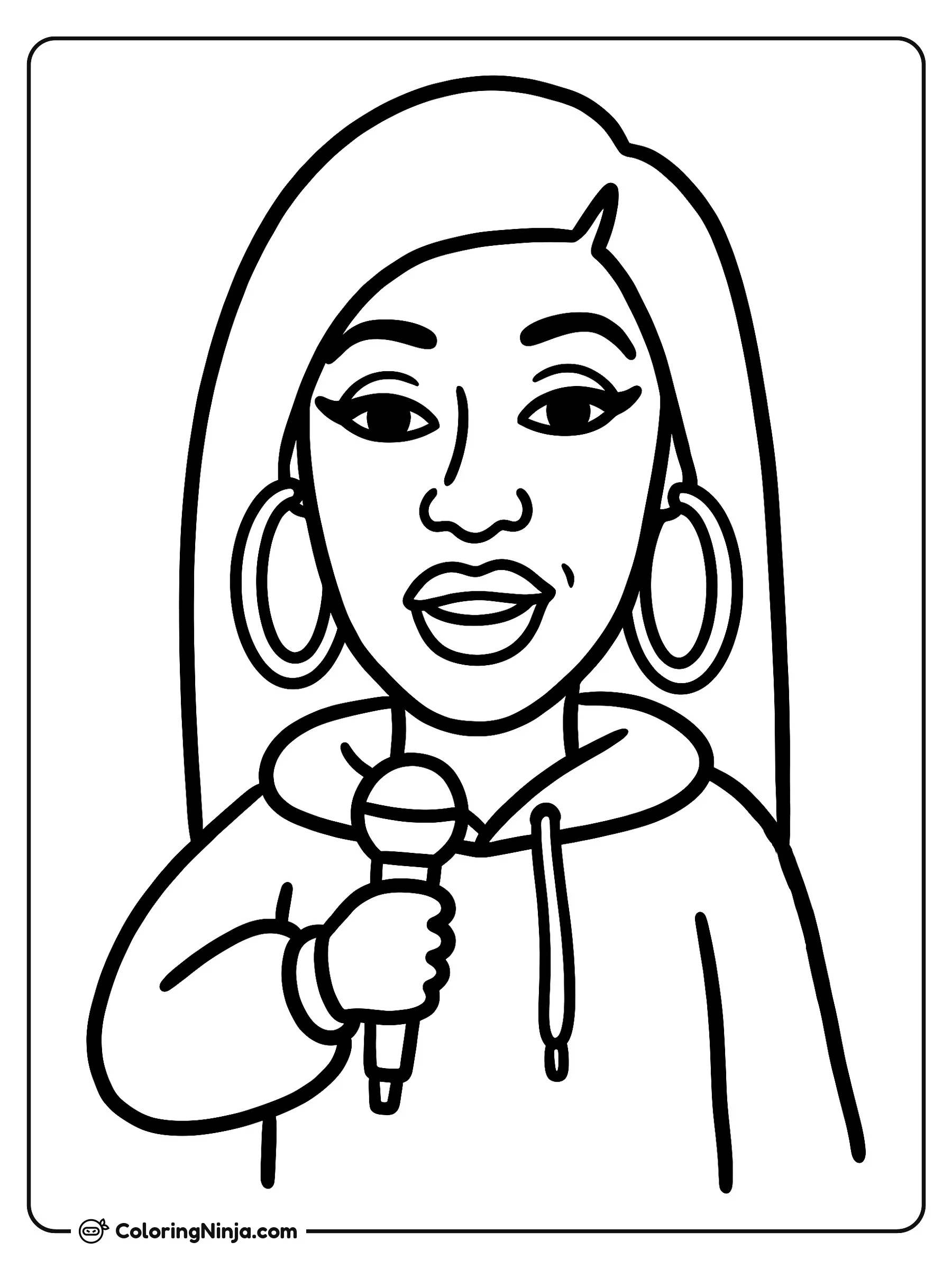 La rapera Cardi B con micrófono, dibujo para colorear: Cardi B sostiene un micrófono en su mano mientras luce una cómoda sudadera con capucha y sus grandes aretes de aro.