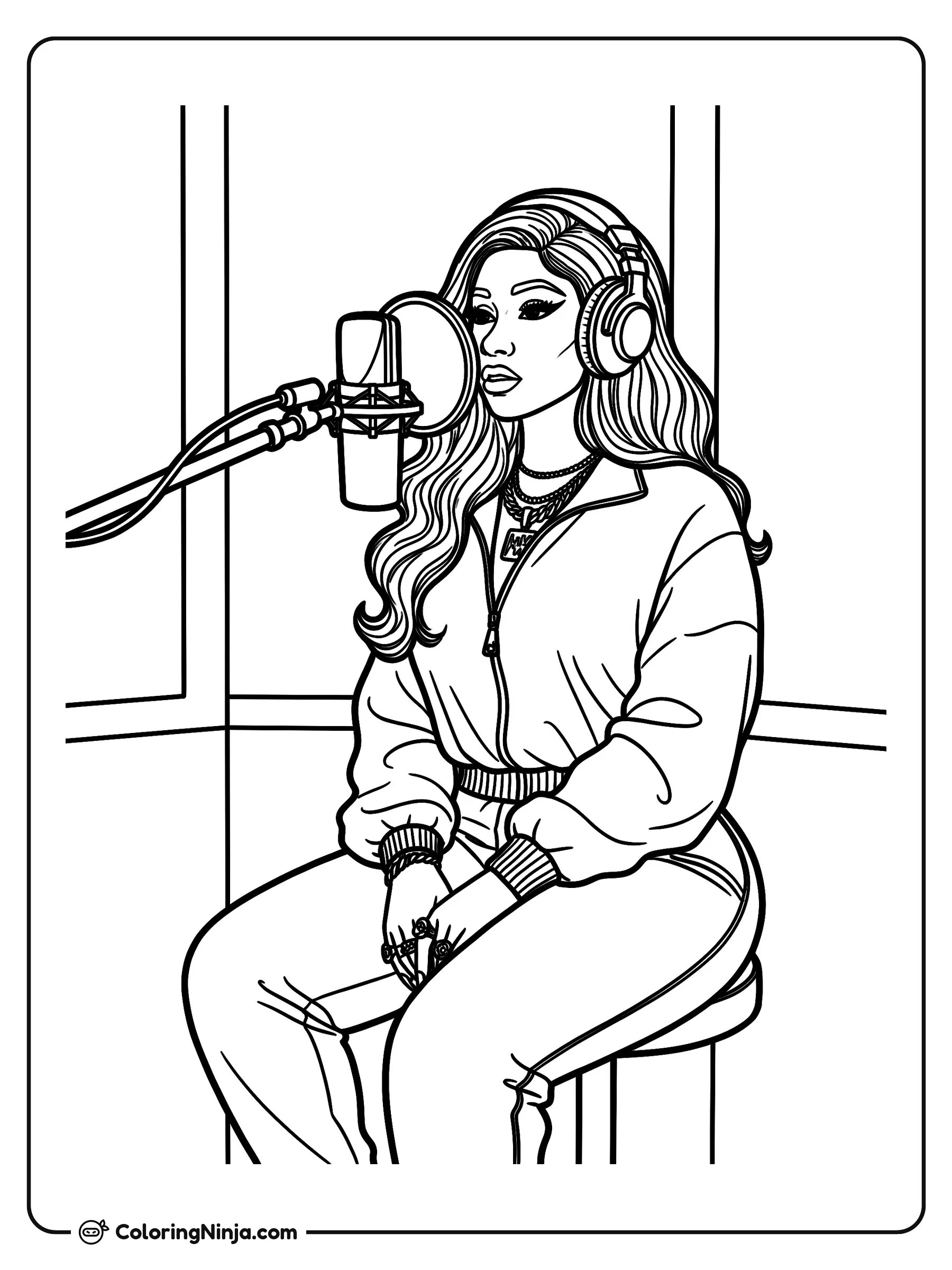 Cardi B en el estudio de grabación, dibujo para colorear: Cardi B aparece sentada en un taburete dentro de una cabina de grabación, usando audífonos grandes, collares y una sudadera cómoda.