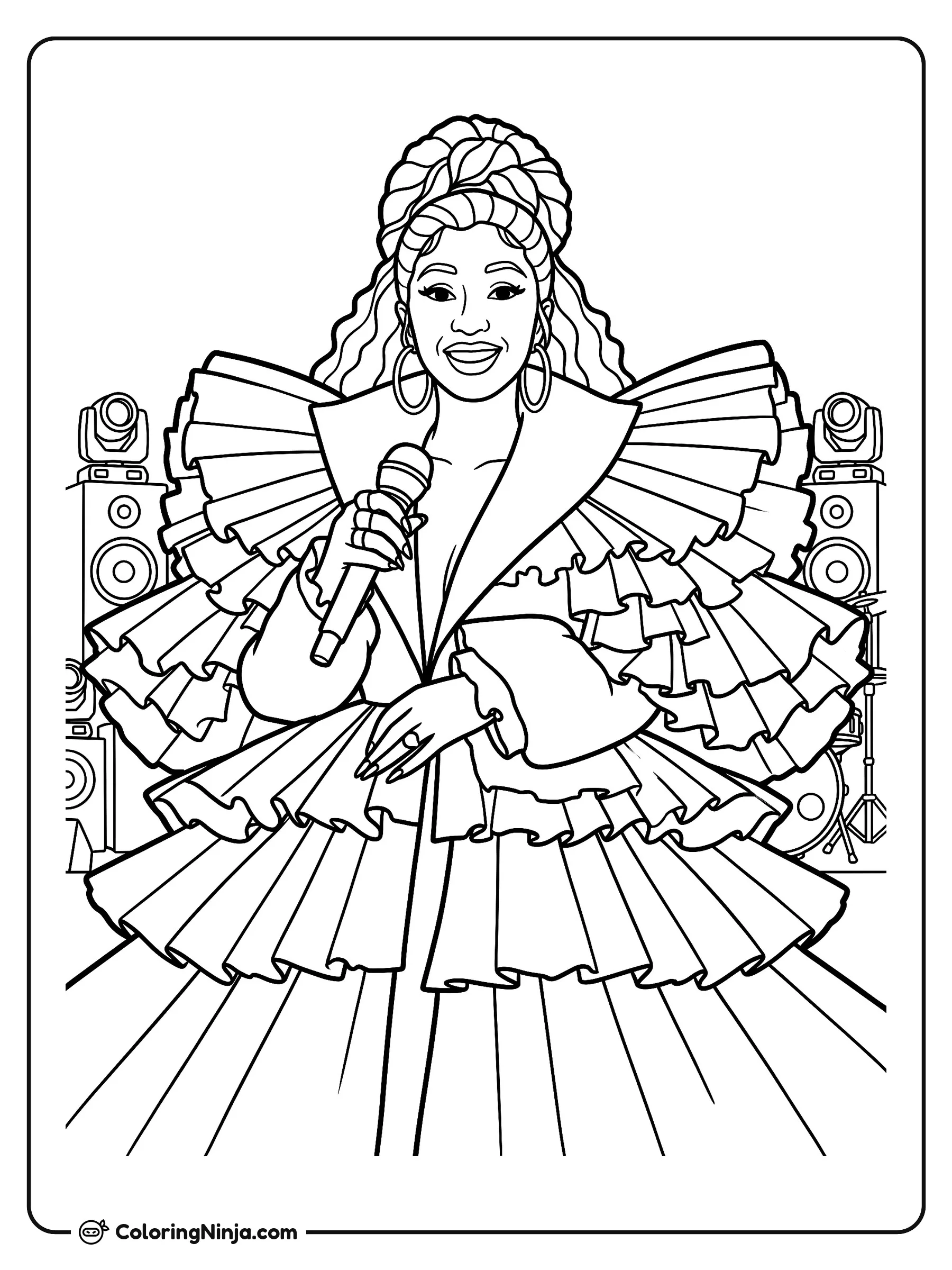 Cardi B cantando en el escenario, dibujo para colorear: Cardi B aparece sonriendo en el escenario mientras sostiene un micrófono durante su presentación.
