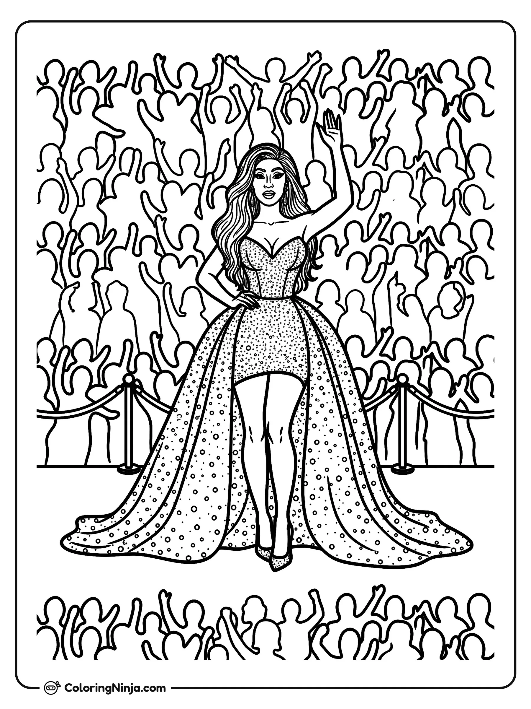 Cardi B en la alfombra roja, dibujo para colorear: Cardi B posa en la alfombra roja con un brillante vestido de gala y tacones altos mientras saluda a una gran multitud de fans.