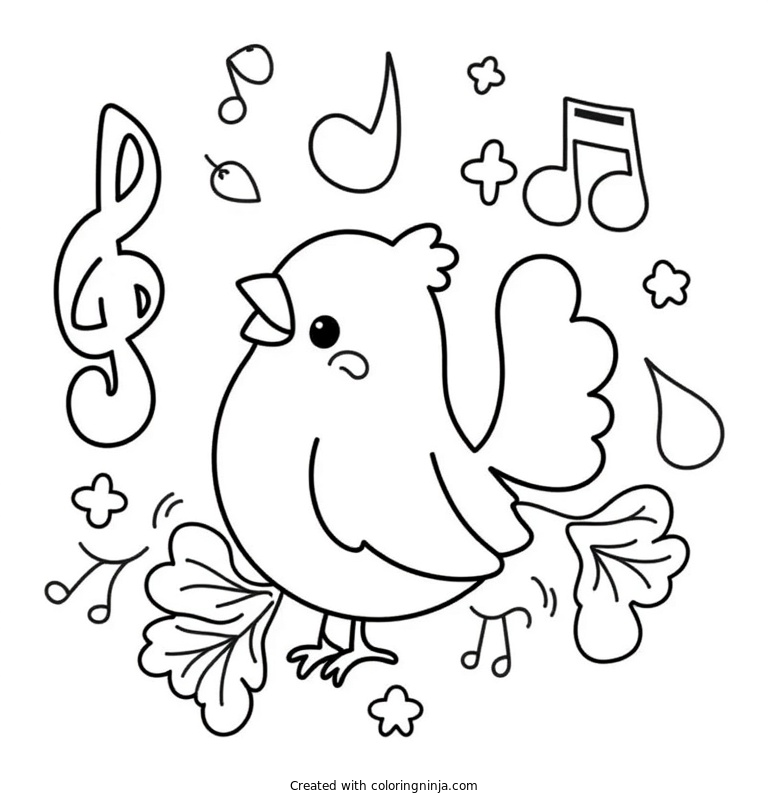 A coloring page of A Cardinal Surrounded By Musical Notes, As If Singing