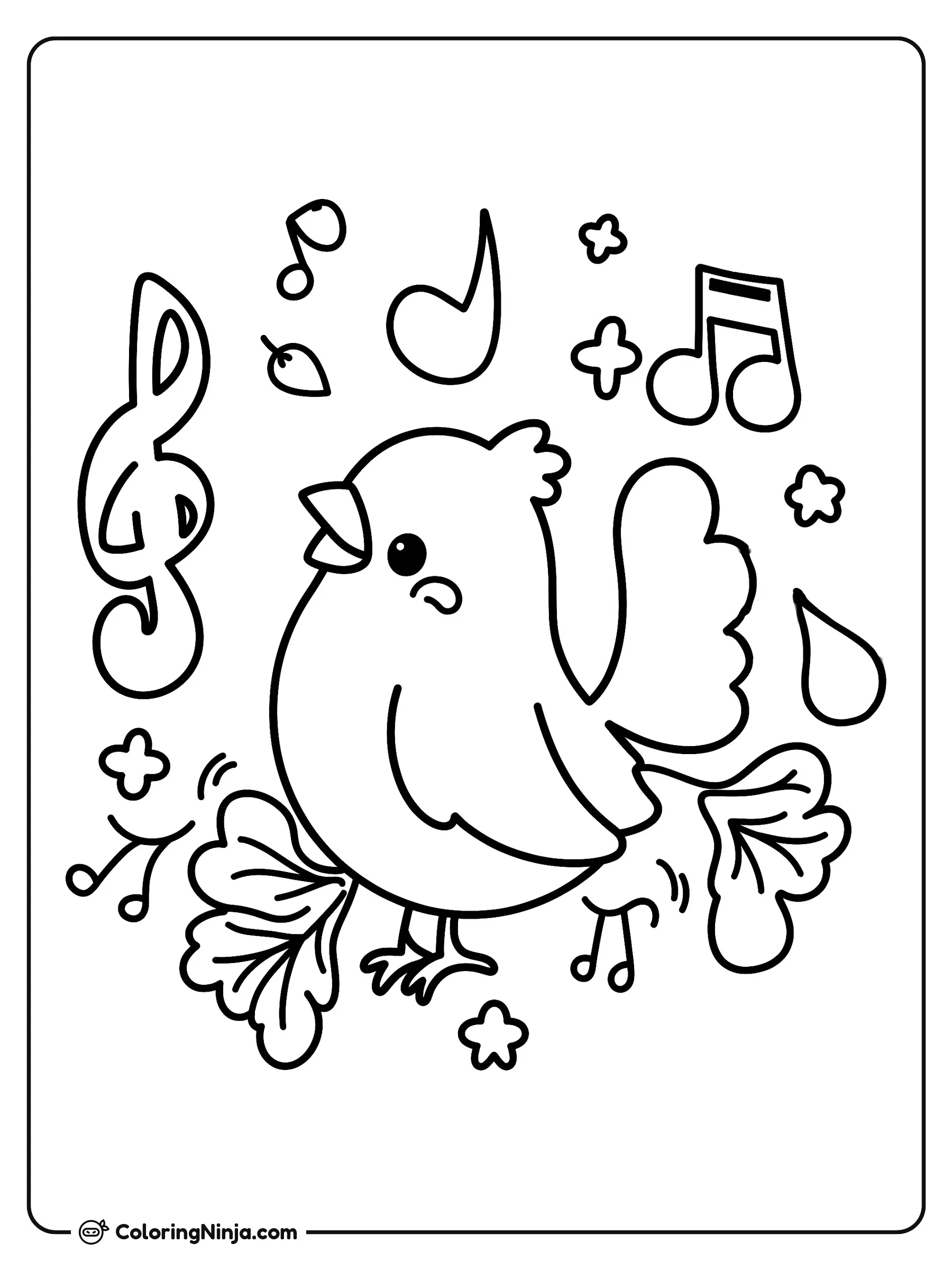 Un cardenal rojo cantando, dibujo para colorear: Un simpático cardenal rojo aparece con el pico abierto, rodeado de notas musicales, una clave de sol, hojas y pequeñas flores al aire libre.