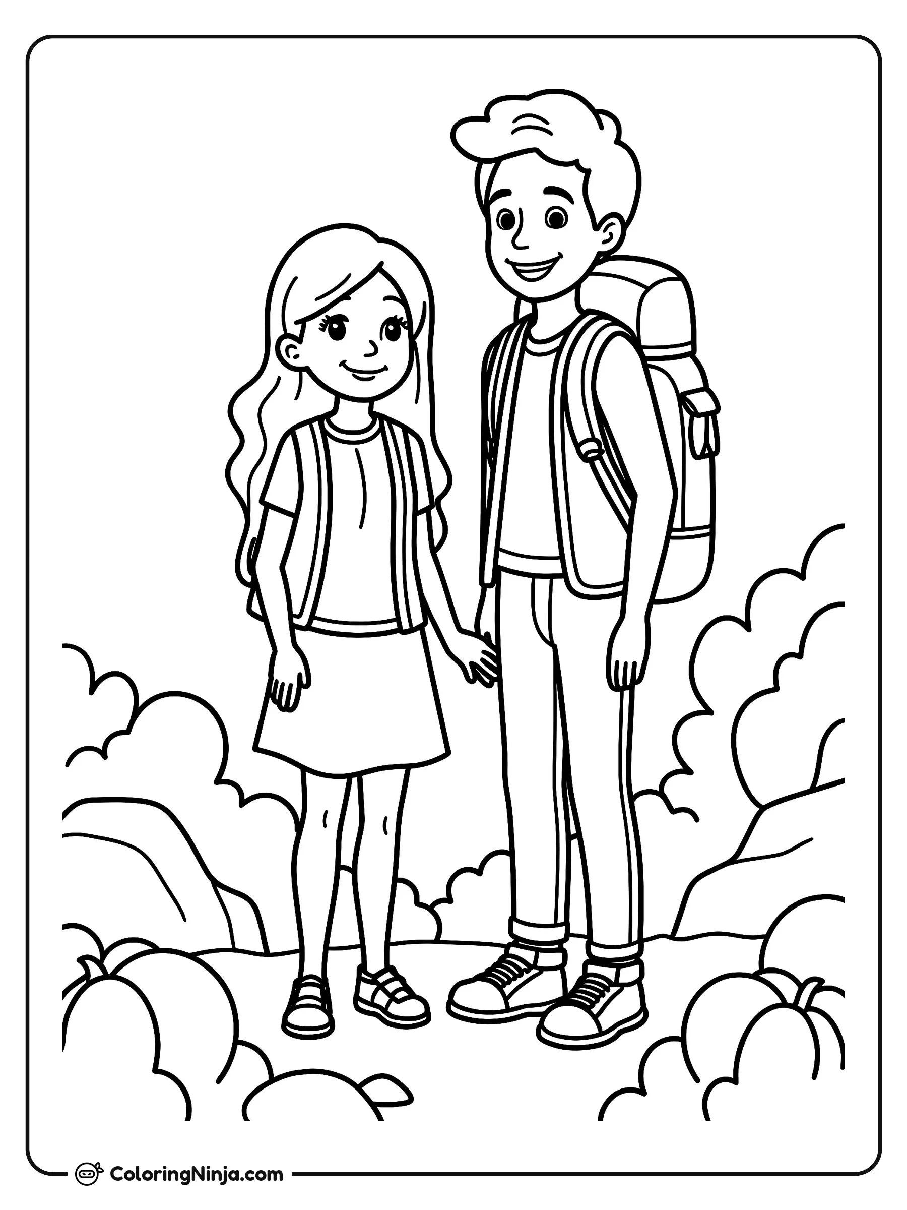 Carl y Ellie de UP haciendo senderismo, dibujo para colorear: Carl y Ellie están tomados de la mano en un sendero al aire libre, vistiendo ropa cómoda de senderismo y mochilas. Ambos sonríen mientras exploran la naturaleza rodeados de arbustos y rocas.