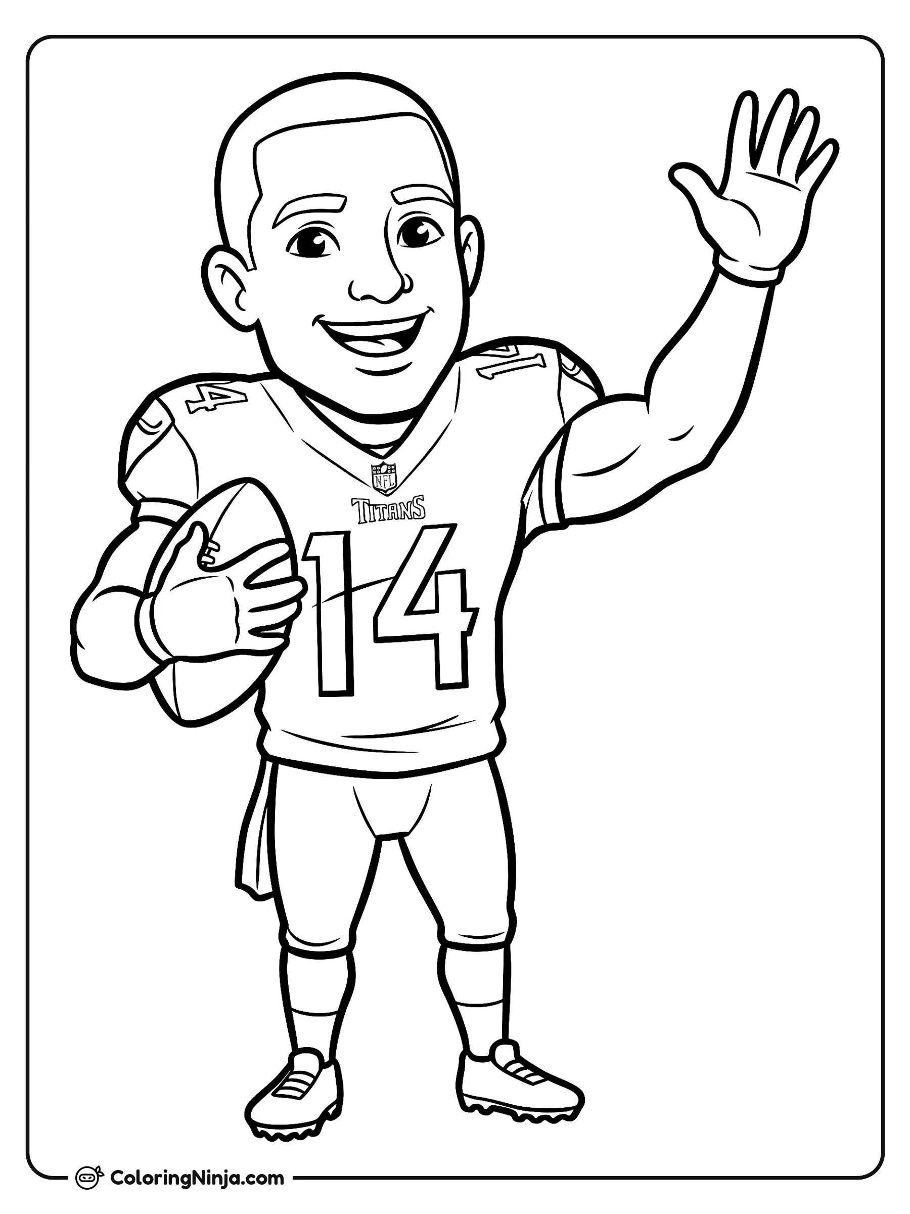 Carnell Tate saludando amistosamente, dibujo para colorear: Carnell Tate aparece con su uniforme de fútbol americano sosteniendo un balón bajo el brazo mientras saluda alegremente con la otra mano.