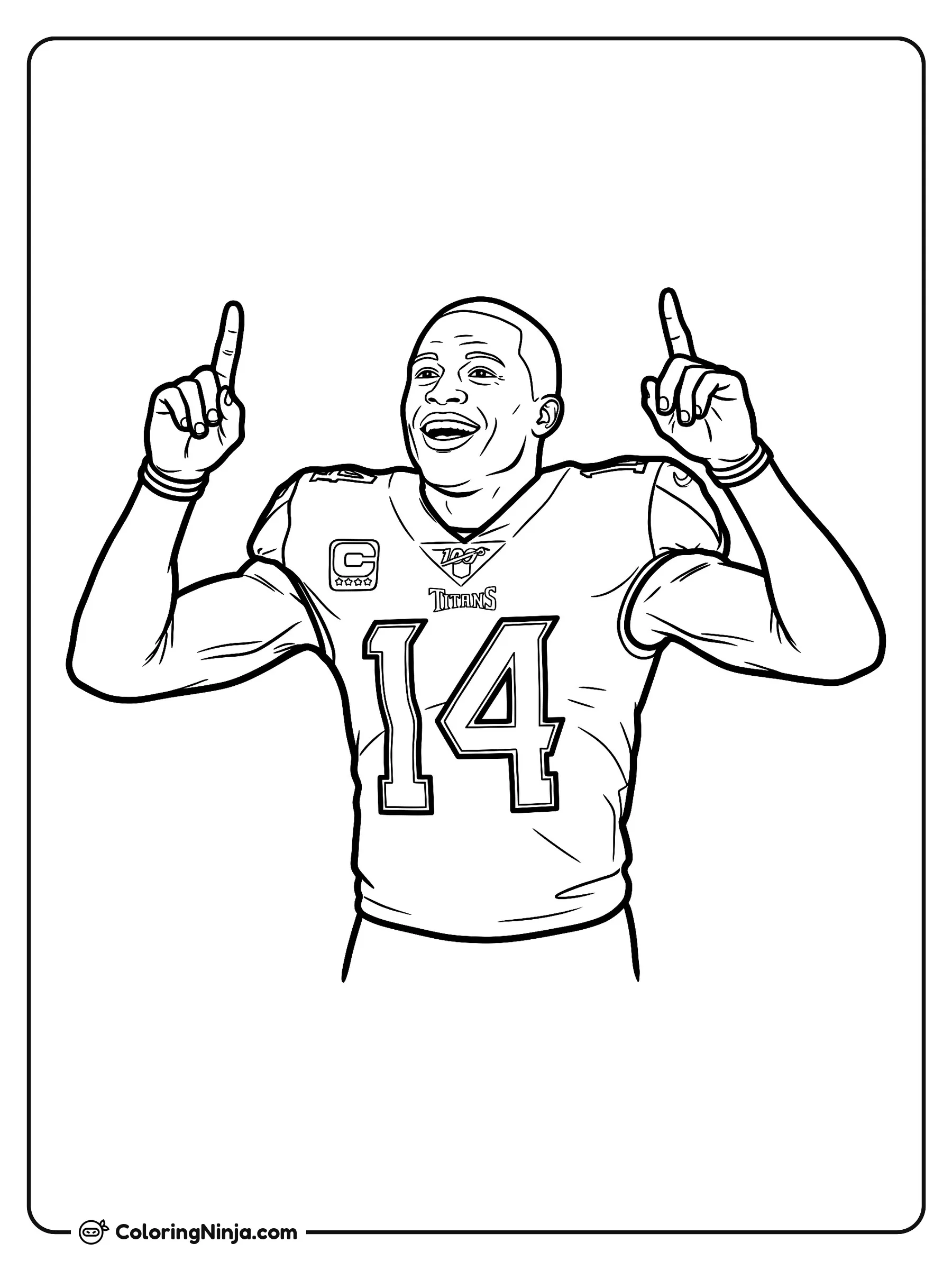 Celebración de touchdown de Carnell Tate, dibujo para colorear: El jugador de fútbol americano Carnell Tate celebra una gran jugada con una gran sonrisa mientras apunta al cielo.
