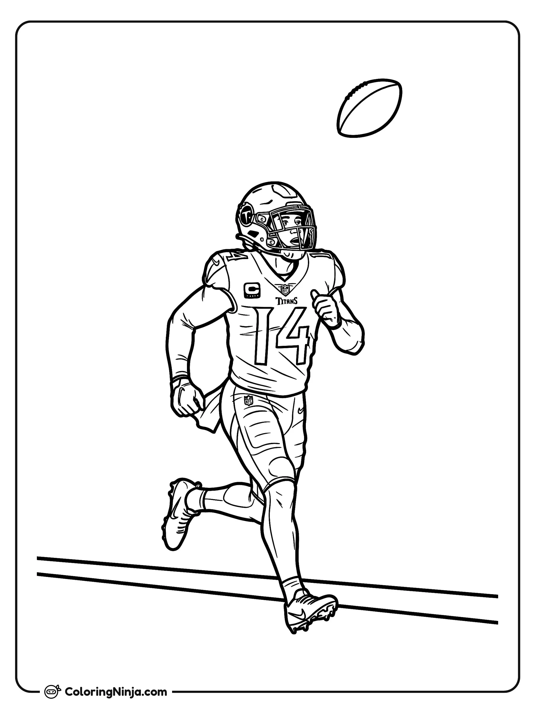 Carrera Larga de Carnell Tate, dibujo para colorear: Carnell Tate corre a toda velocidad por el campo de fútbol americano mientras observa el balón que vuela por el aire.