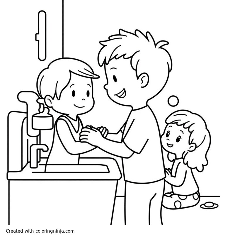 A coloring page of A cartoon boy showing another child how to properly wash hands at a sink. His baby sister plays with soap bubbles in the background. Bathroom or preschool setting, hygiene education scene.