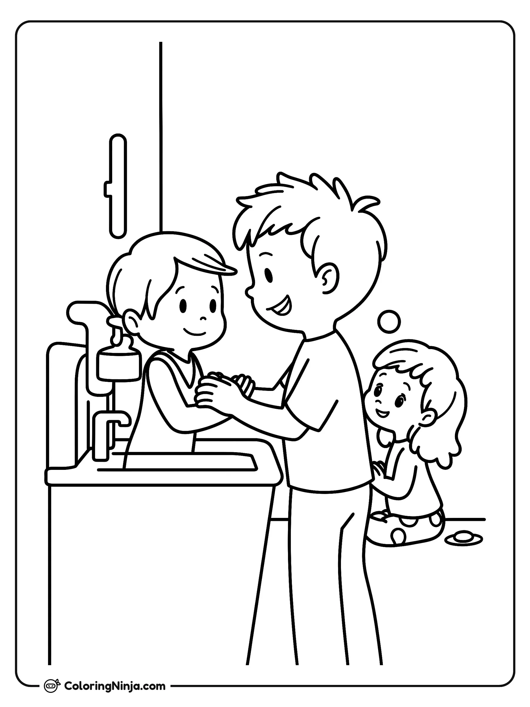 Aprendiéndote a lavar las manos, dibujo para colorear: Un hombre le enseña a un niño pequeño a lavarse las manos en el lavabo del baño con agua y jabón. Una niña observa la escena alegremente a un lado.