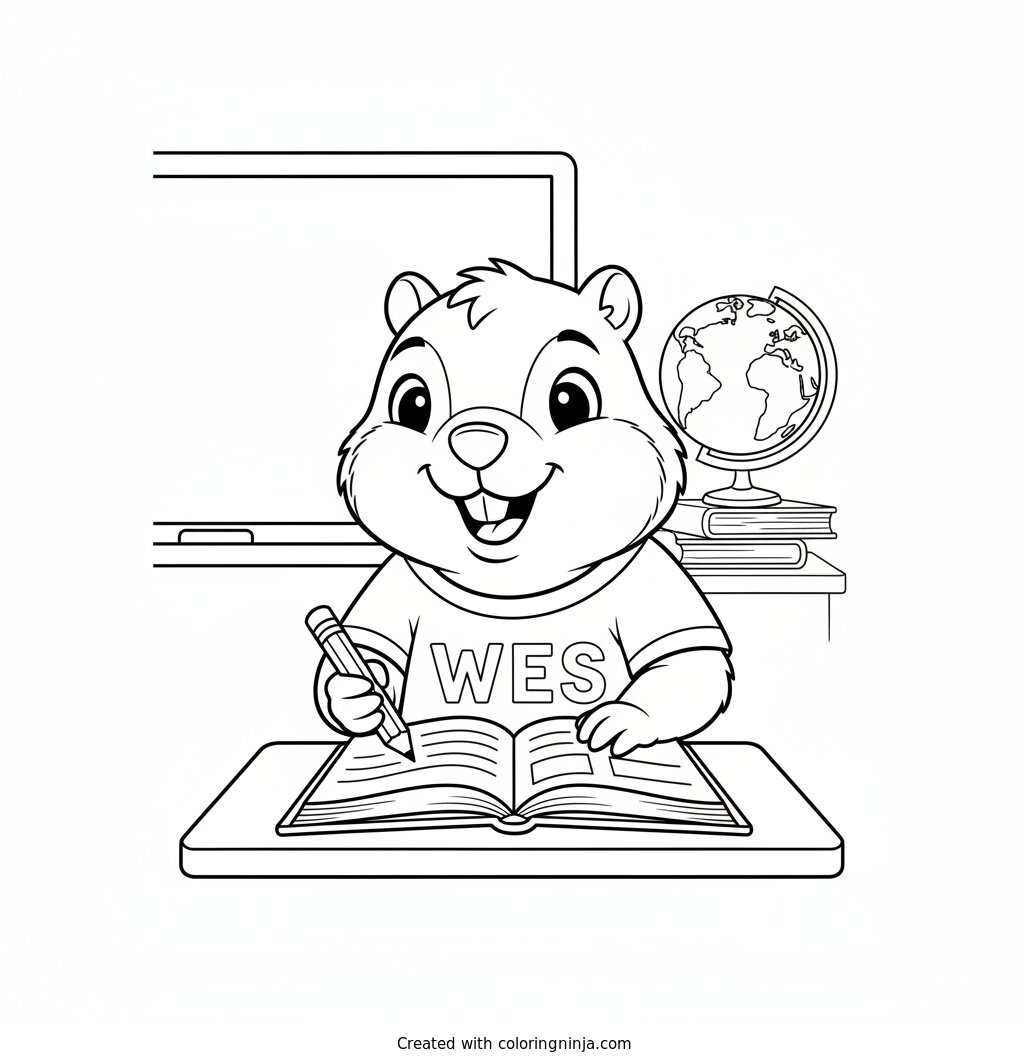 Coloring page of a cartoon woodchuck at school wearing a shirt that says WES