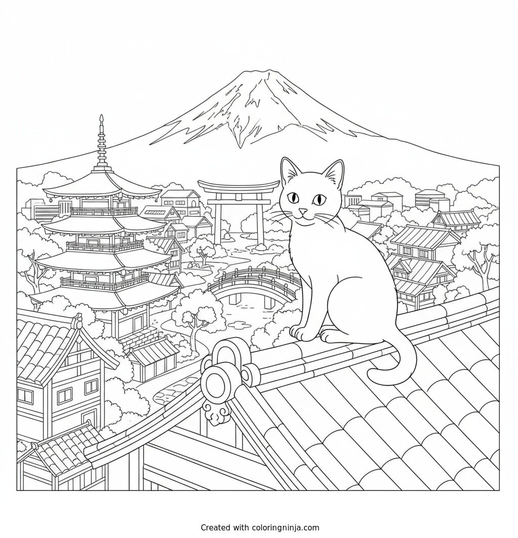 A Cat In A Japanese City Coloring Page