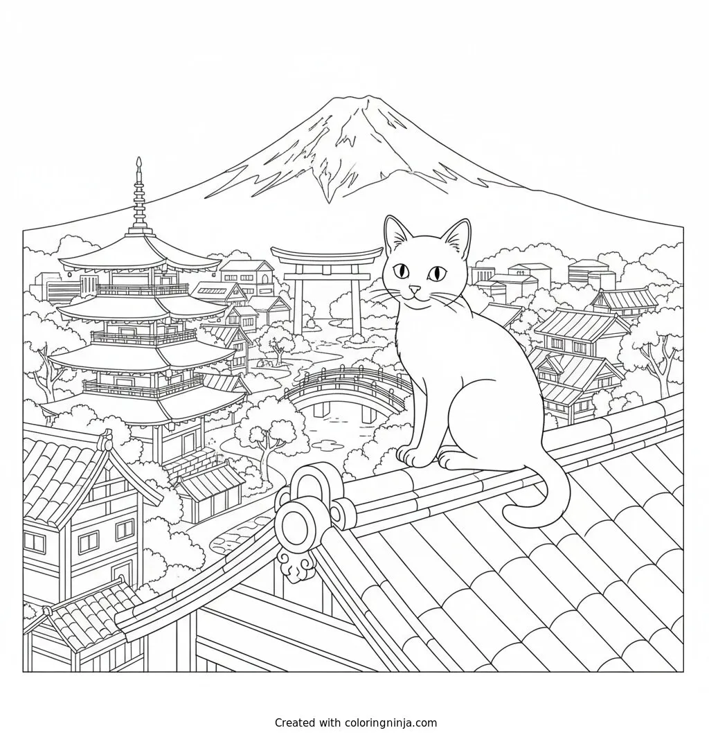 A Cat In A Japanese City Coloring Page: This coloring page features a cat sitting in a beautiful and detailed Japanese city.