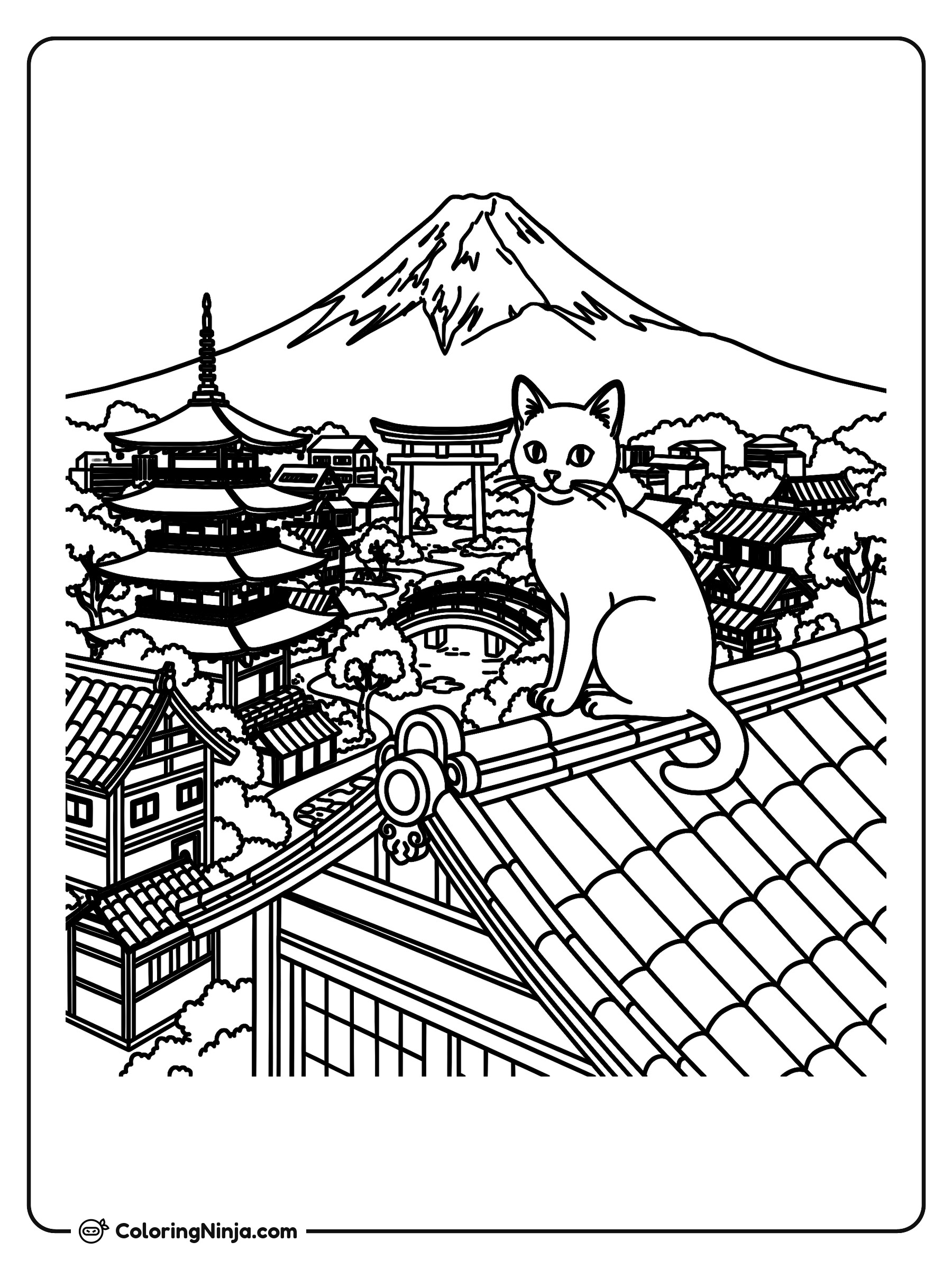 Un gato en una ciudad japonesa: dibujo para colorear