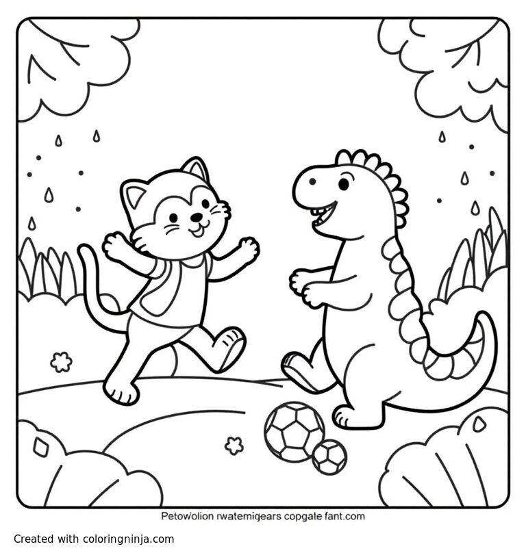 A coloring page of cat and dinosaur playing soccer