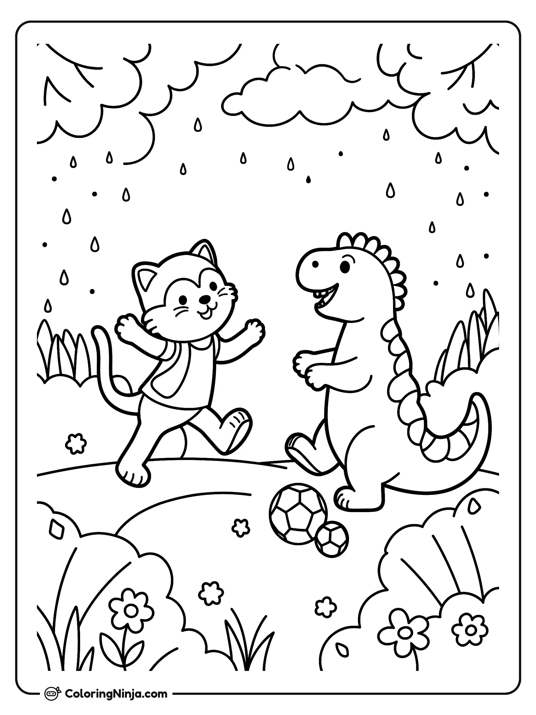 Gato y dinosaurio jugando fútbol, dibujo para colorear: Un alegre gato con camiseta y un simpático dinosaurio juegan al fútbol sobre una colina. La escena incluye balones, flores, árboles y gotas de lluvia cayendo de las nubes.