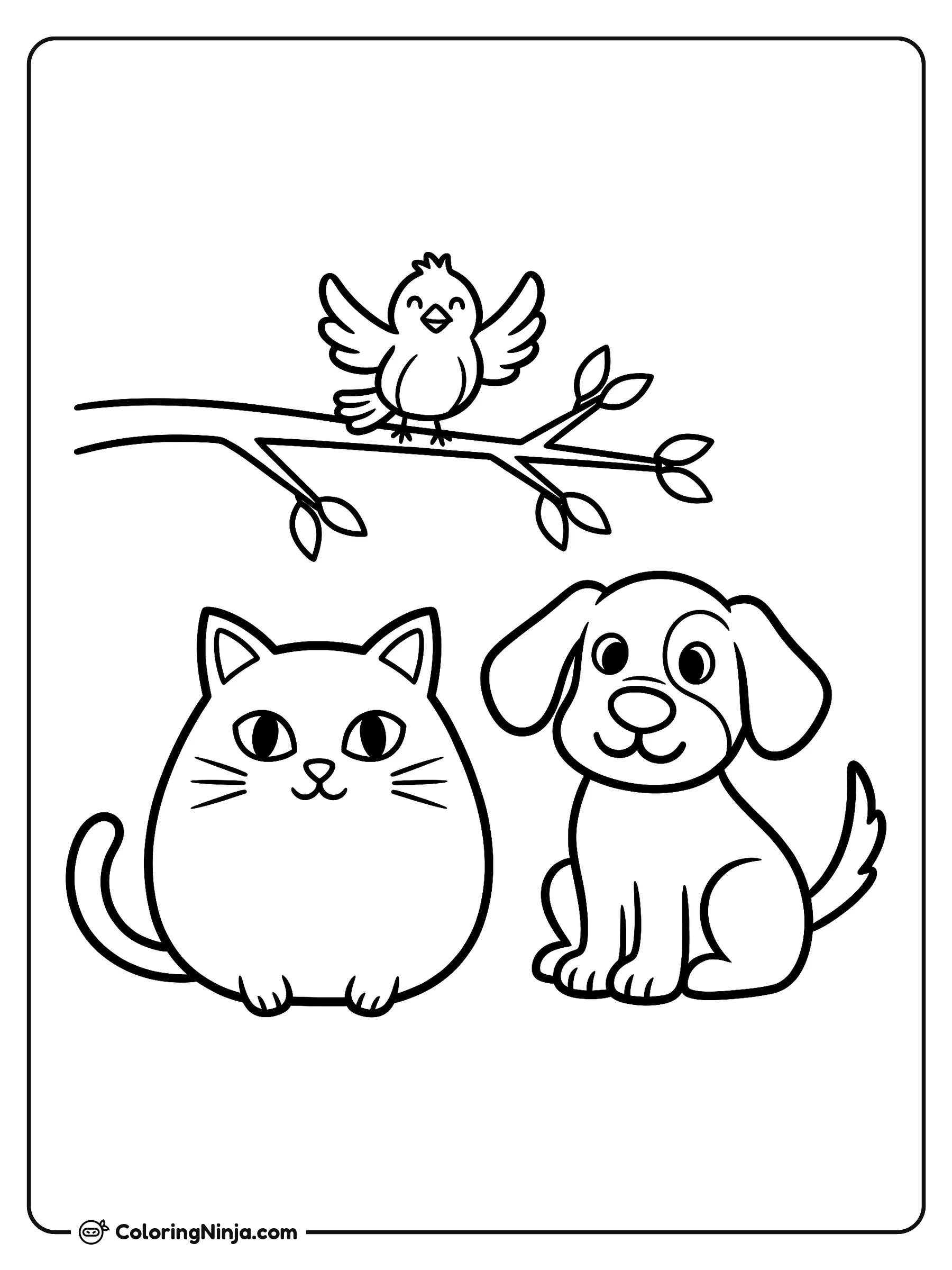 Un gato, un perro y un pájaro, dibujo para colorear: Un gato y un perro se sientan juntos muy felices mientras miran hacia adelante con una gran sonrisa. Sobre ellos, un pajarito descansa en la rama de un árbol con sus alas desplegadas.
