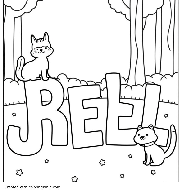 A coloring page of cat and dog playing hide and seek around giant letters in a park