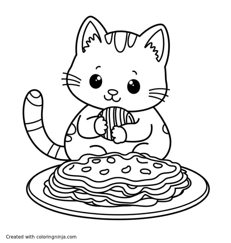 A coloring page of a cat eating lasagna