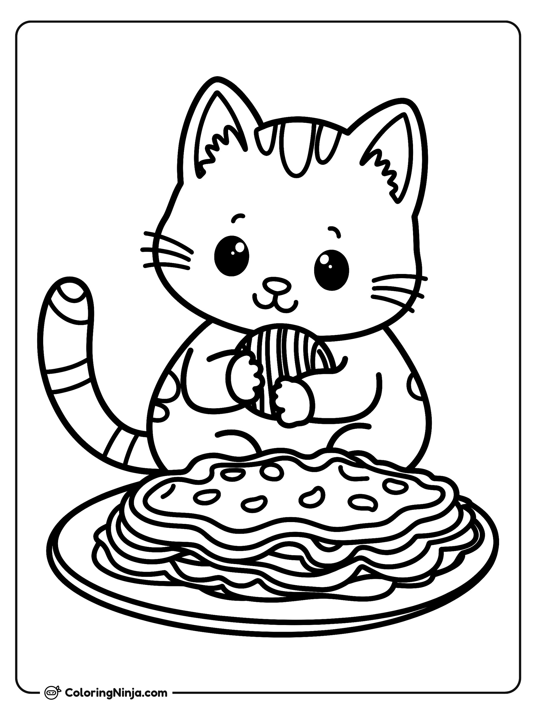 Gato sonriente comiendo lástima de lasaña: dibujo para colorear