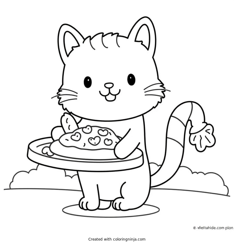 A coloring page of cat with pizza