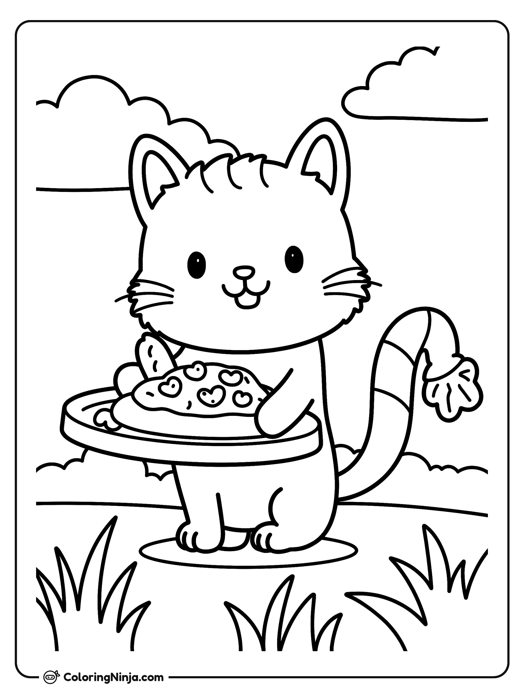 Gato sonriente sosteniendo una pizza: dibujo para colorear