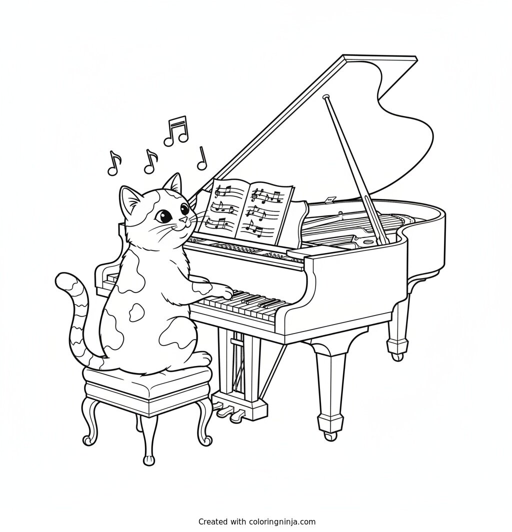 Coloring page of a cat platying the piano (she is very good at it!)