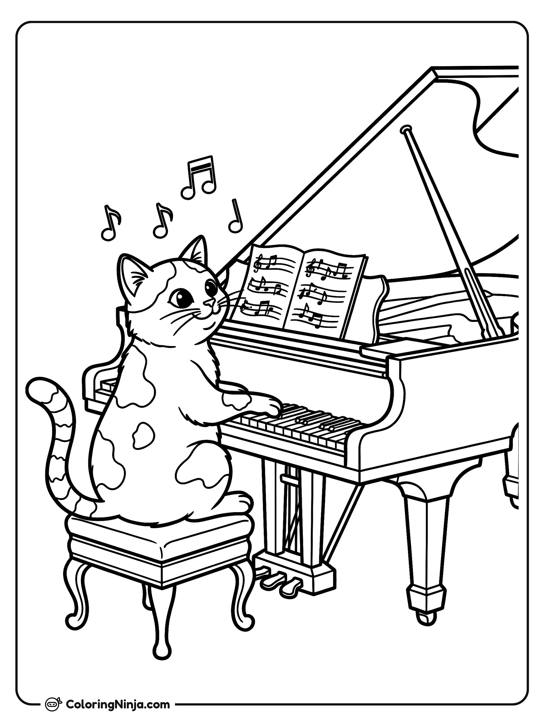 A Cat Playing the Piano Coloring Page