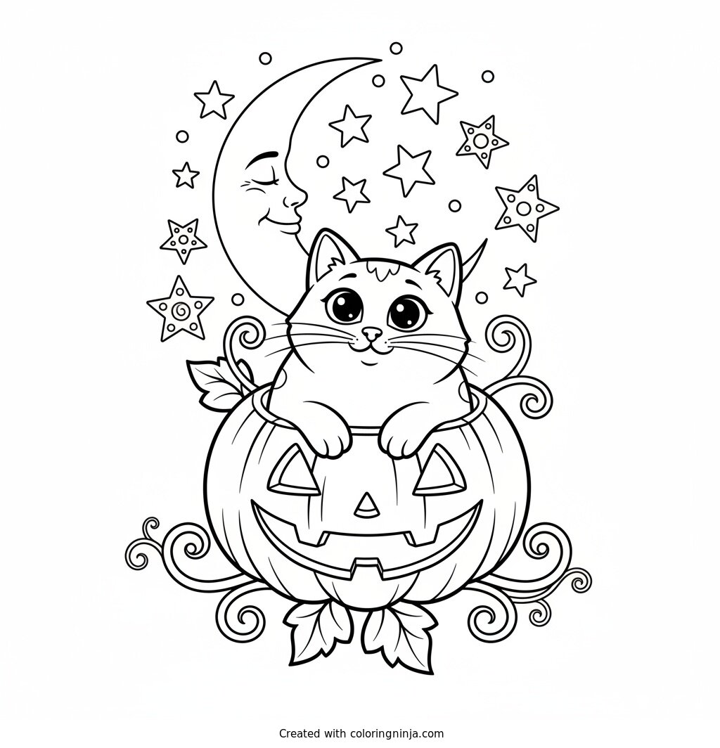 Cat and Pumpkin Moon and Stars Coloring Page