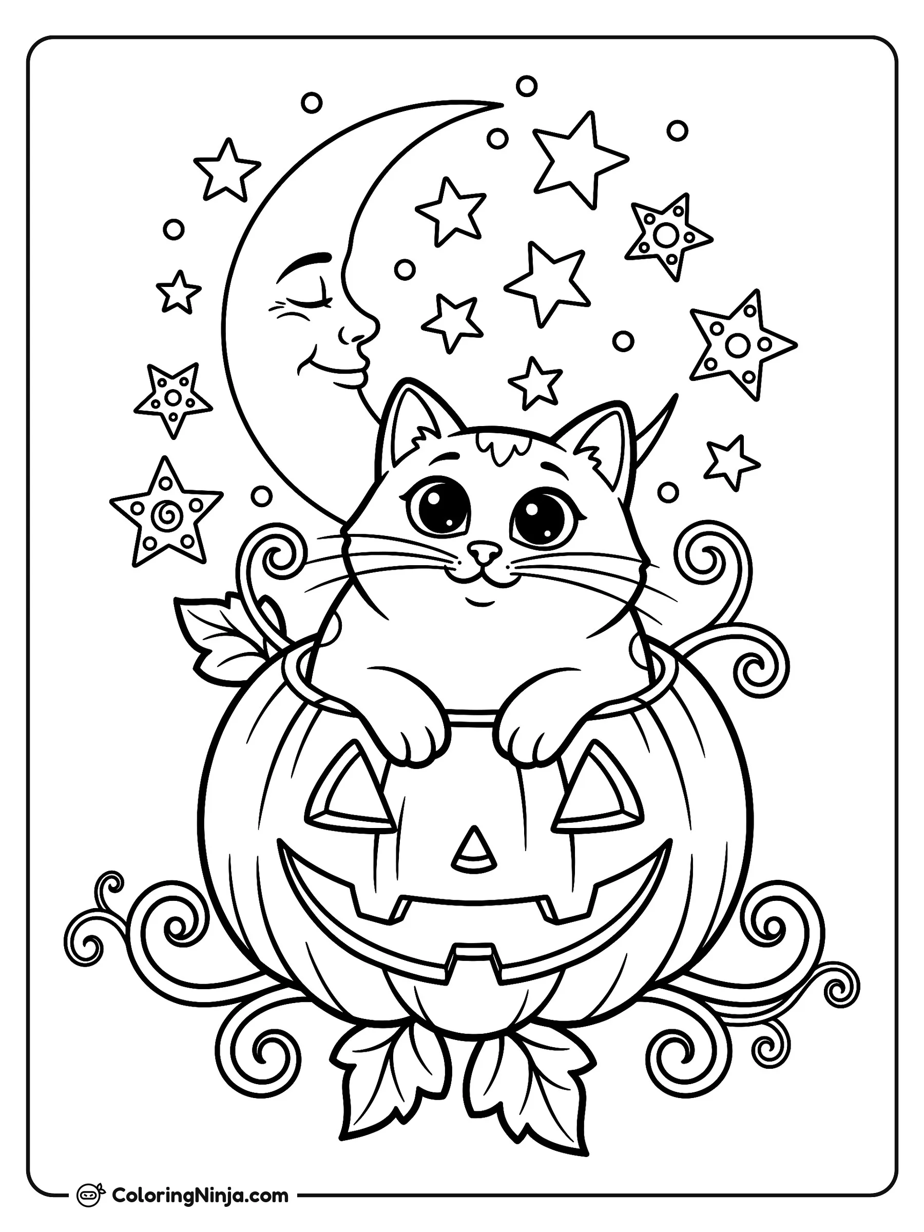 Gato en calabaza con luna y estrellas, dibujo para colorear: Un tierno gatito se asoma desde una calabaza sonriente rodeada de hojas y enredaderas.