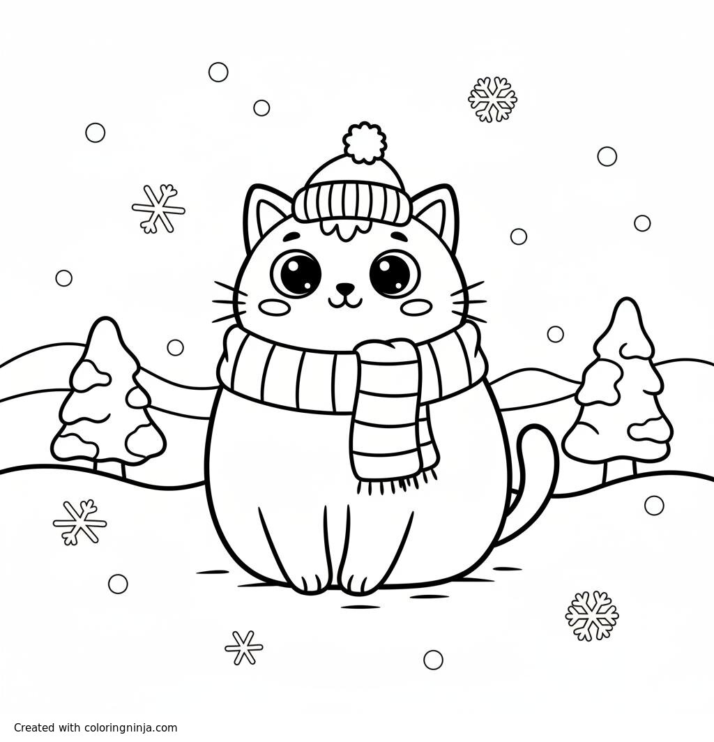 A coloring page of a cat in the snow