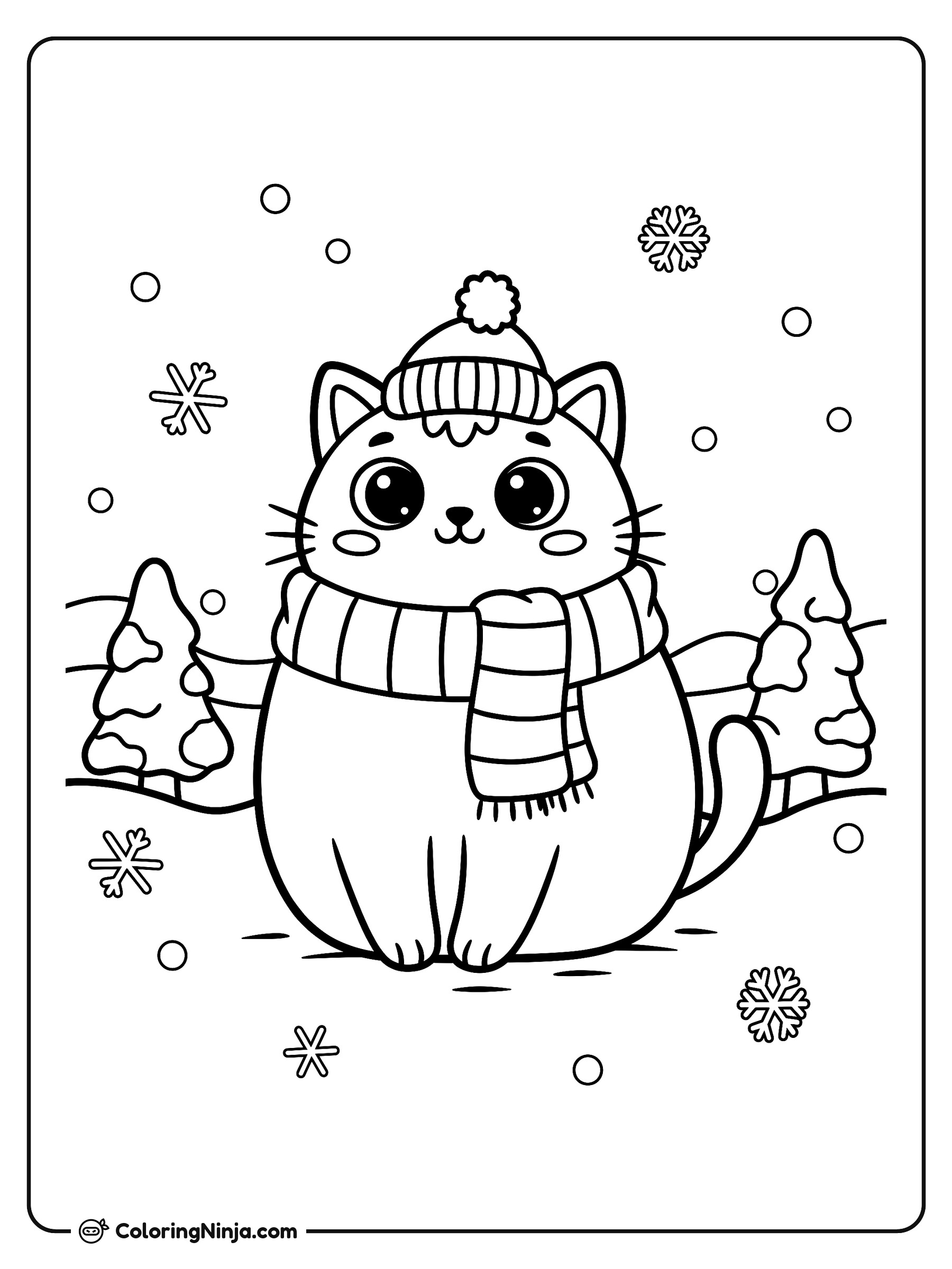 Un gato en la nieve: dibujo para colorear