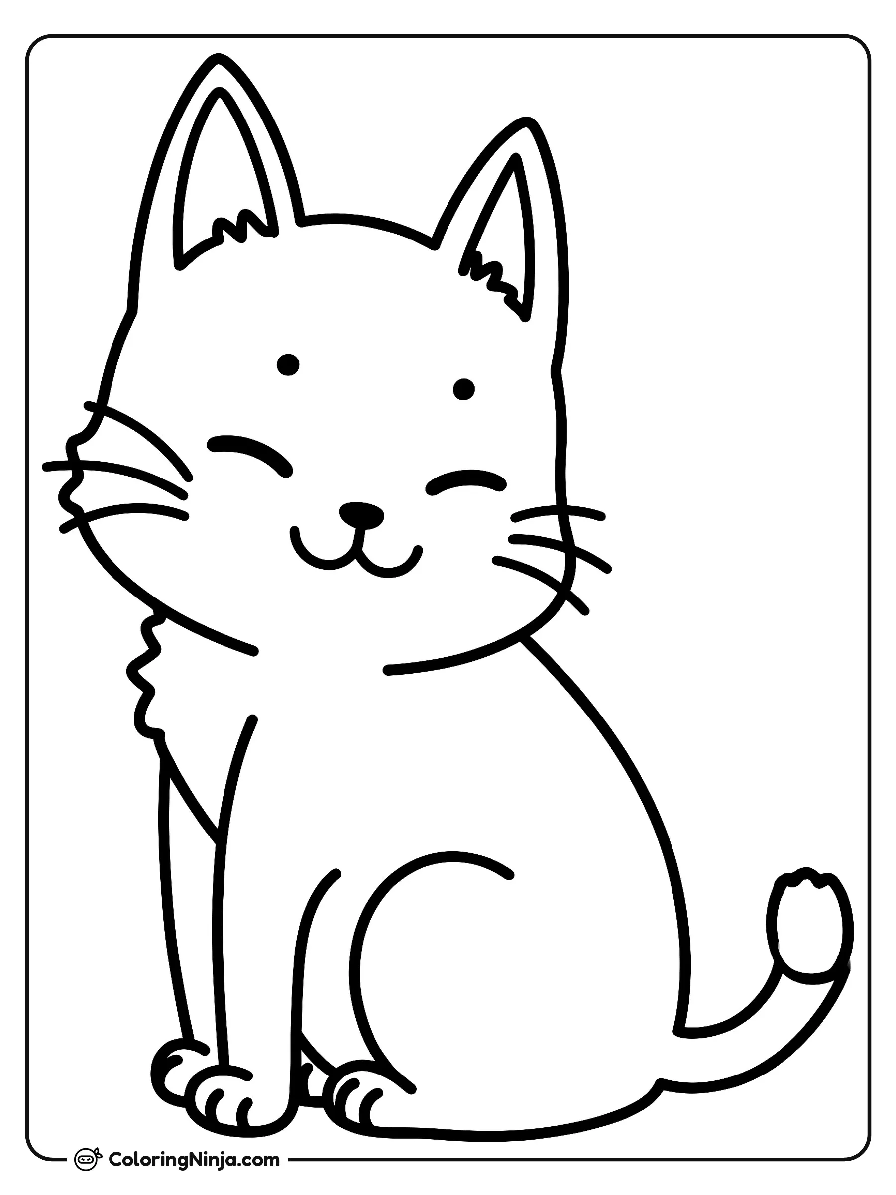 Gato mágico estilo Ghibli, dibujo para colorear: Un adorable gato al estilo Ghibli permanece sentado pacientemente con una cara alegre y sonriente. Tiene orejas altas y puntiagudas, bigotes largos y una cola curvada detrás de su cuerpo.