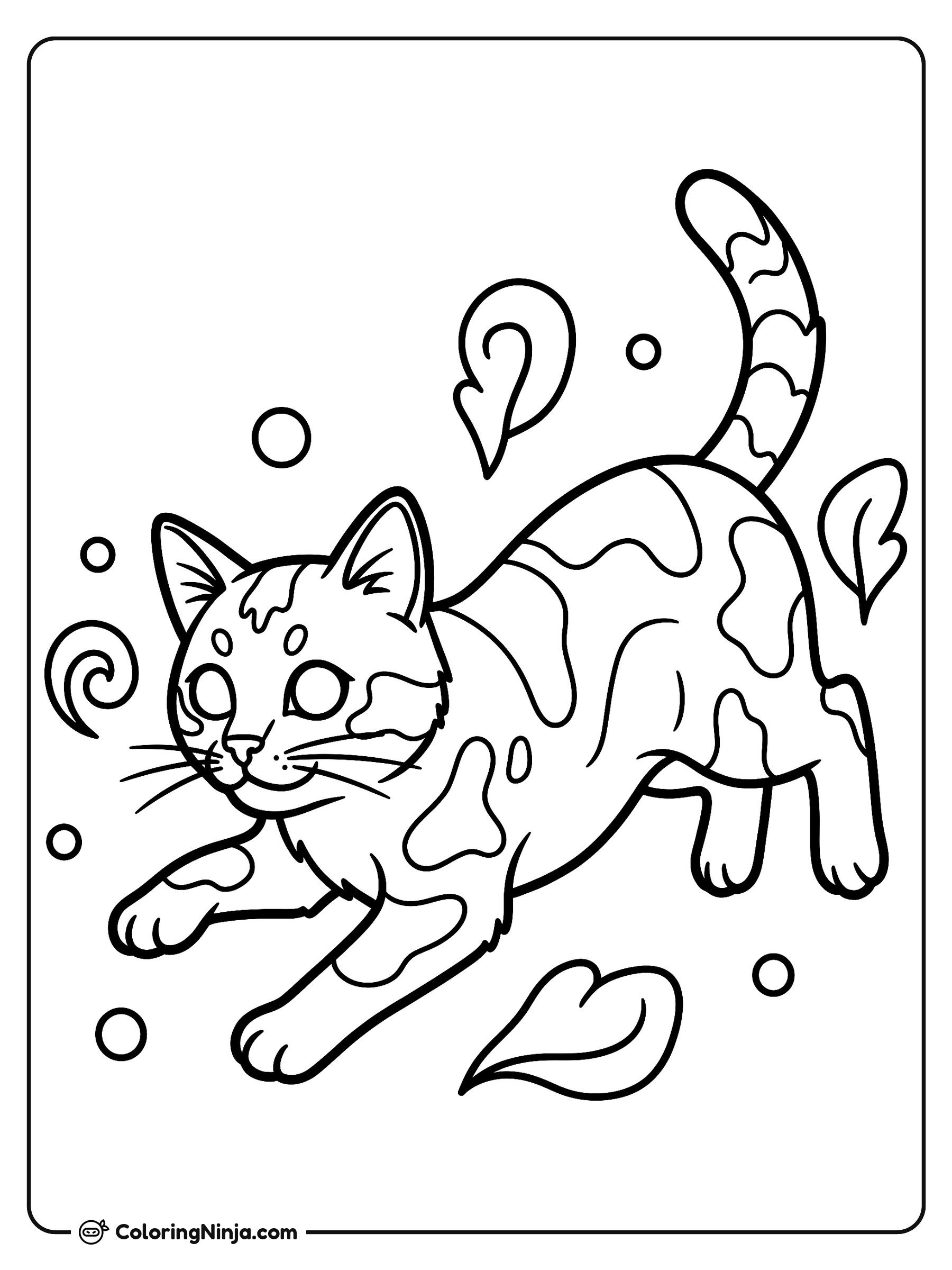 Gato juguetón jugando con hojas: dibujo para colorear