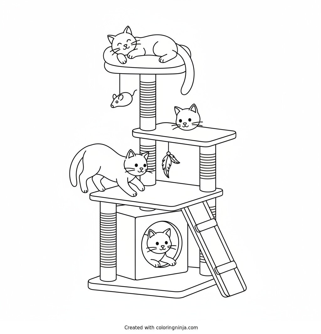 Coloring page of cats in a cat tree
