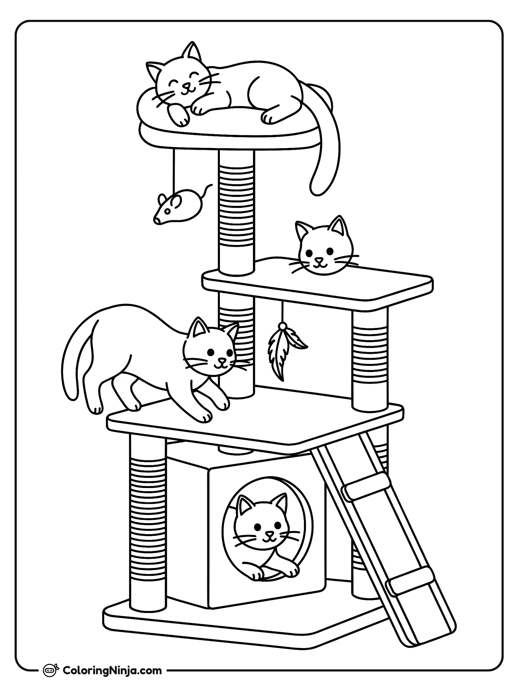Gatitos jugando en su rascador, dibujo para colorear: Cuatro juguetones gatos exploran un árbol rascador de varios niveles con postes, una pequeña escalera y juguetes colgantes.