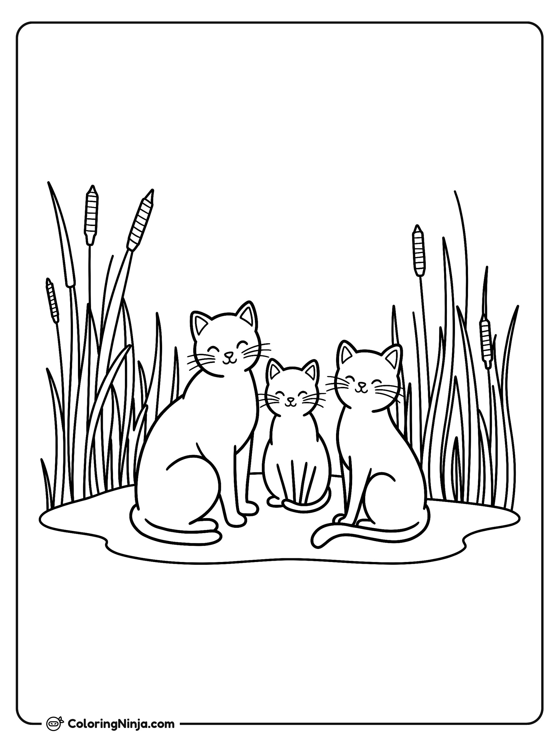 Tres gatos en un pantano con espadañas: dibujo para colorear