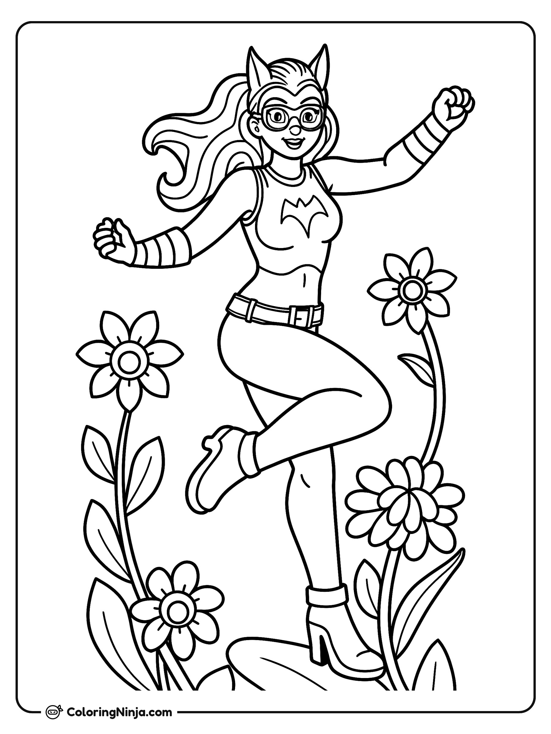 Batgirl saltando entre flores grandes: dibujo para colorear