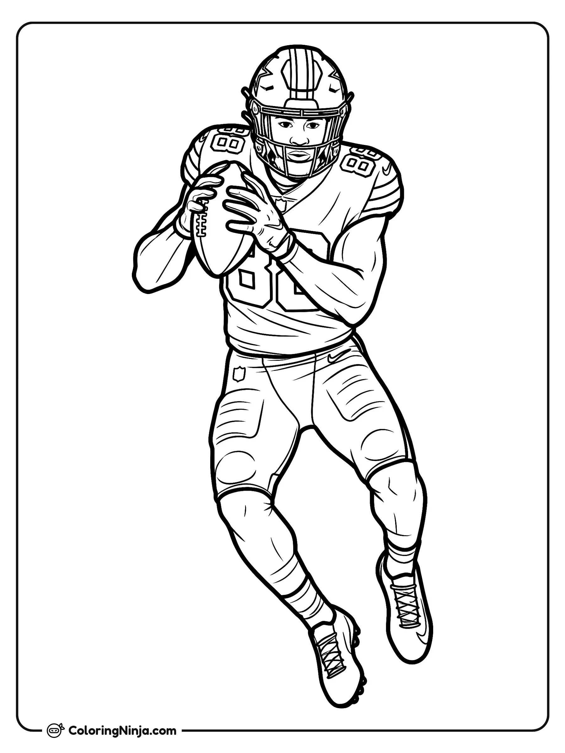 CeeDee Lamb atrapando el balón, dibujo para colorear: El receptor abierto de fútbol americano CeeDee Lamb asegura una recepción con ambas manos mientras salta cerca de la línea de banda.