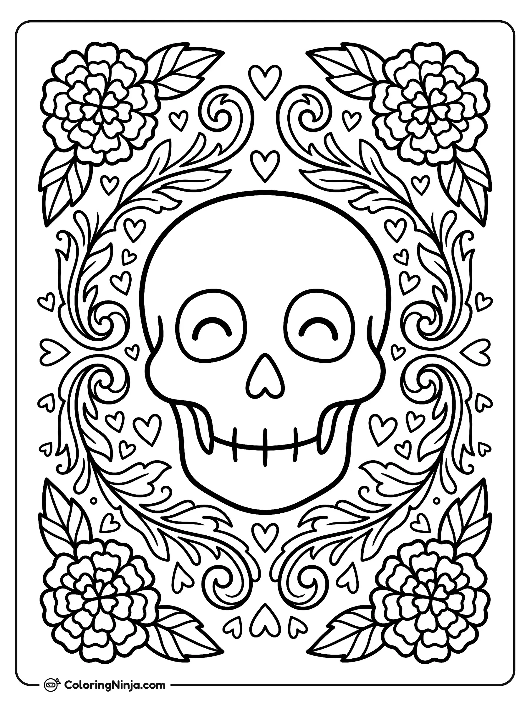 Symmetrical Floral Calavera Coloring Page: This illustration shows a centered sugar skull decorated with intricate symmetry, fine leaf scrolls, and small heart shapes on the forehead.