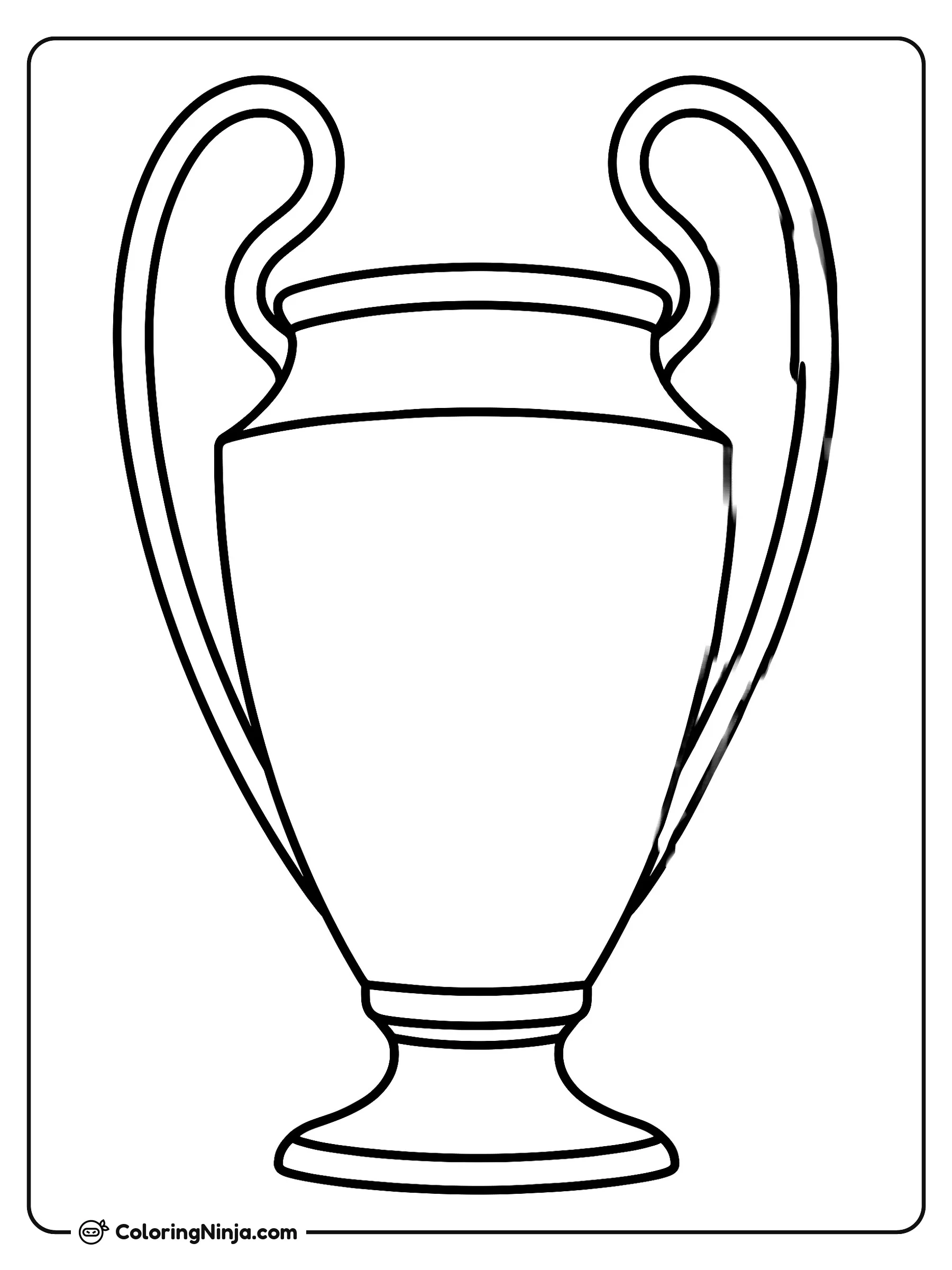 El trofeo de la Champions League, dibujo para colorear: El trofeo de la Champions League se encuentra centrado con sus icónicas asas grandes y curvadas, un cuerpo estilizado y una base firme. Es una imagen sencilla sin otros objetos alrededor.