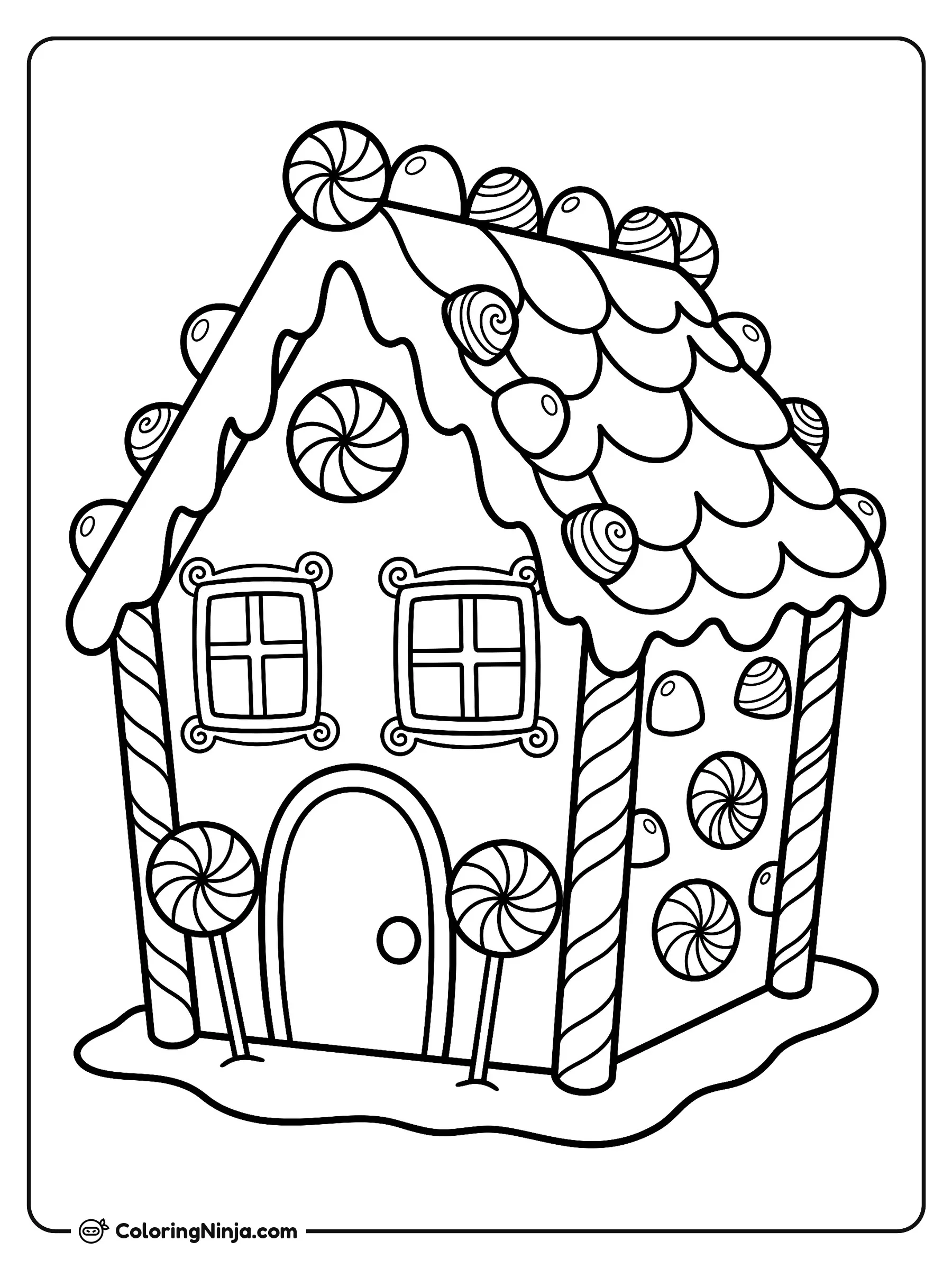 Candy Gingerbread House Coloring Page: A cozy gingerbread house features frosted roof tiles, candy cane porch columns, and gumdrop bushes along the path. The drawing includes moderate details like candy patterns and icing swirls.