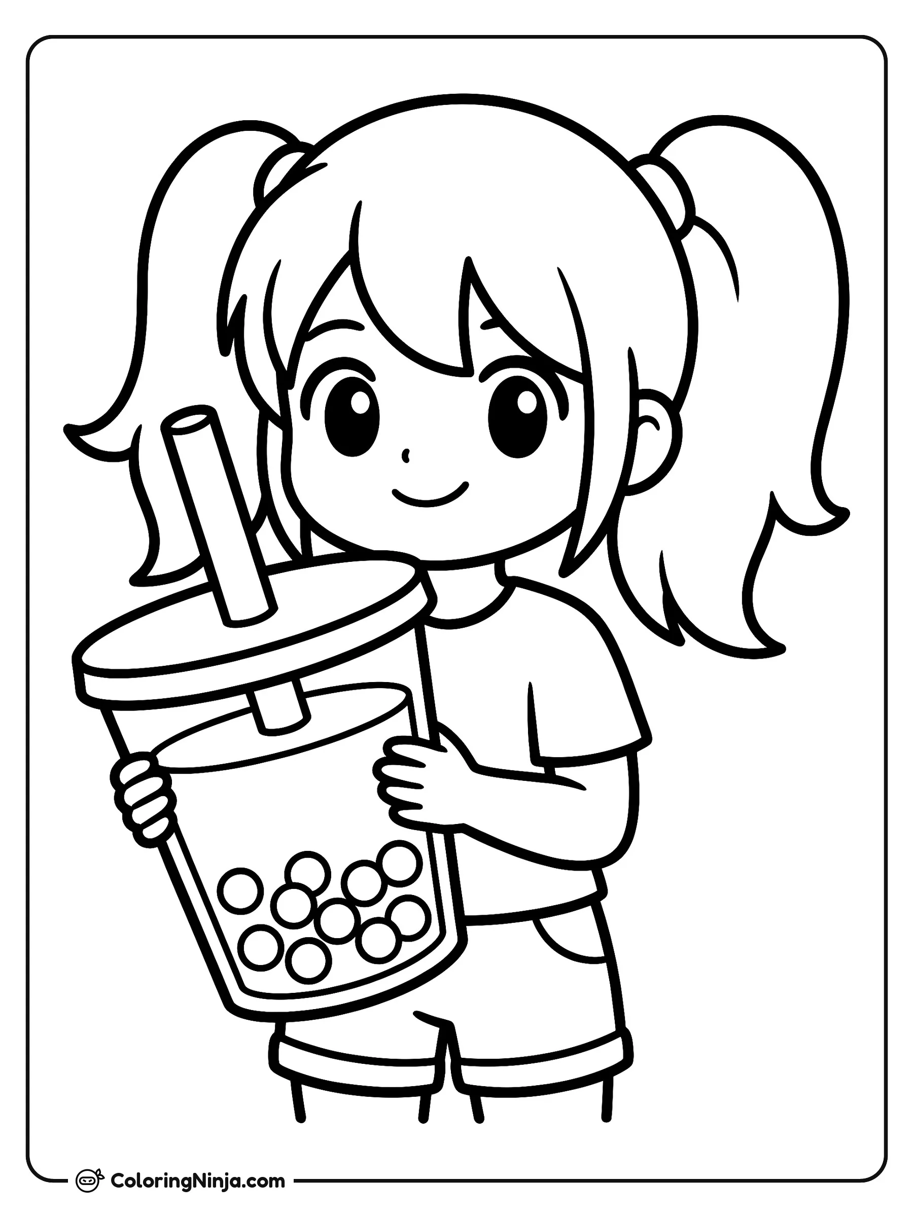Chica anime con té boba, dibujo para colorear: Una tierna niña estilo anime con coletas sonríe mientras sostiene un gran vaso de té boba con ambas manos. El vaso tiene un popote grueso y varias perlas de tapioca flotando en el fondo.