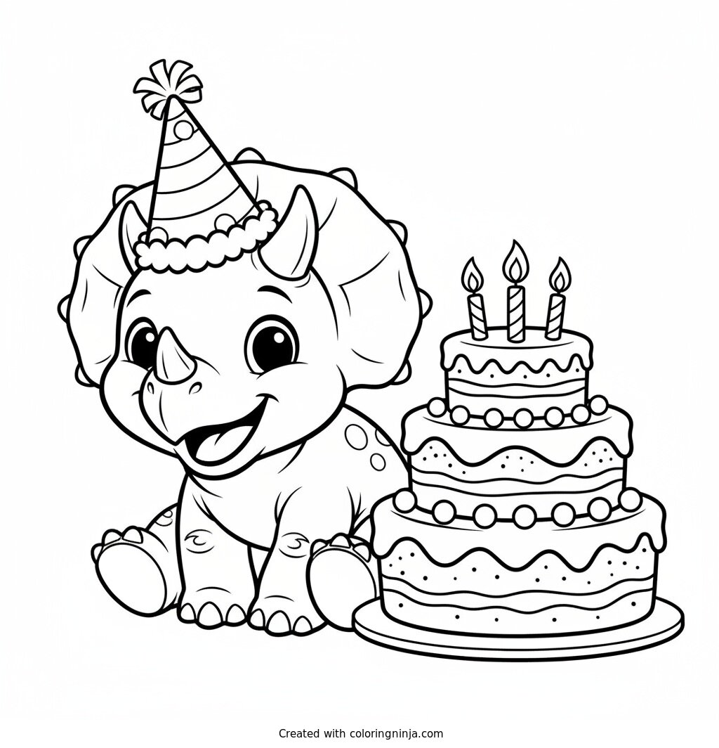 A Birthday Triceratops Celebration Coloring Page