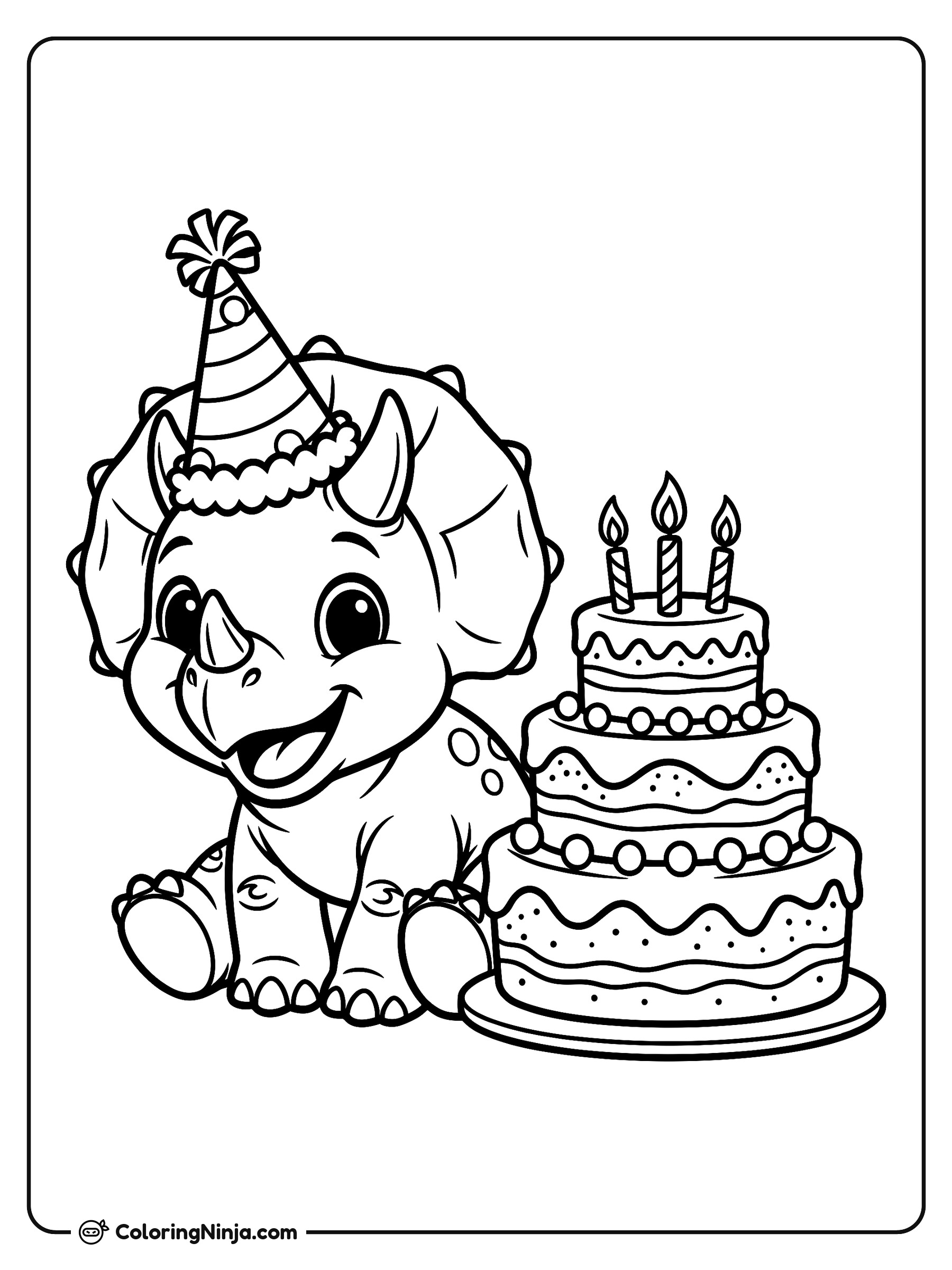 Un triceratops en su fiesta de cumpleaños: dibujo para colorear