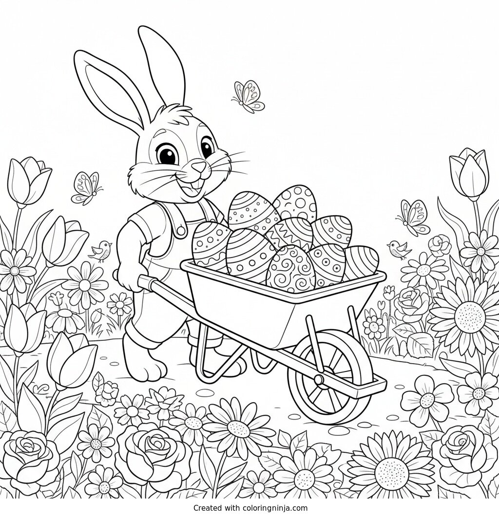 Bunny Gardening with Spring Eggs Coloring Page