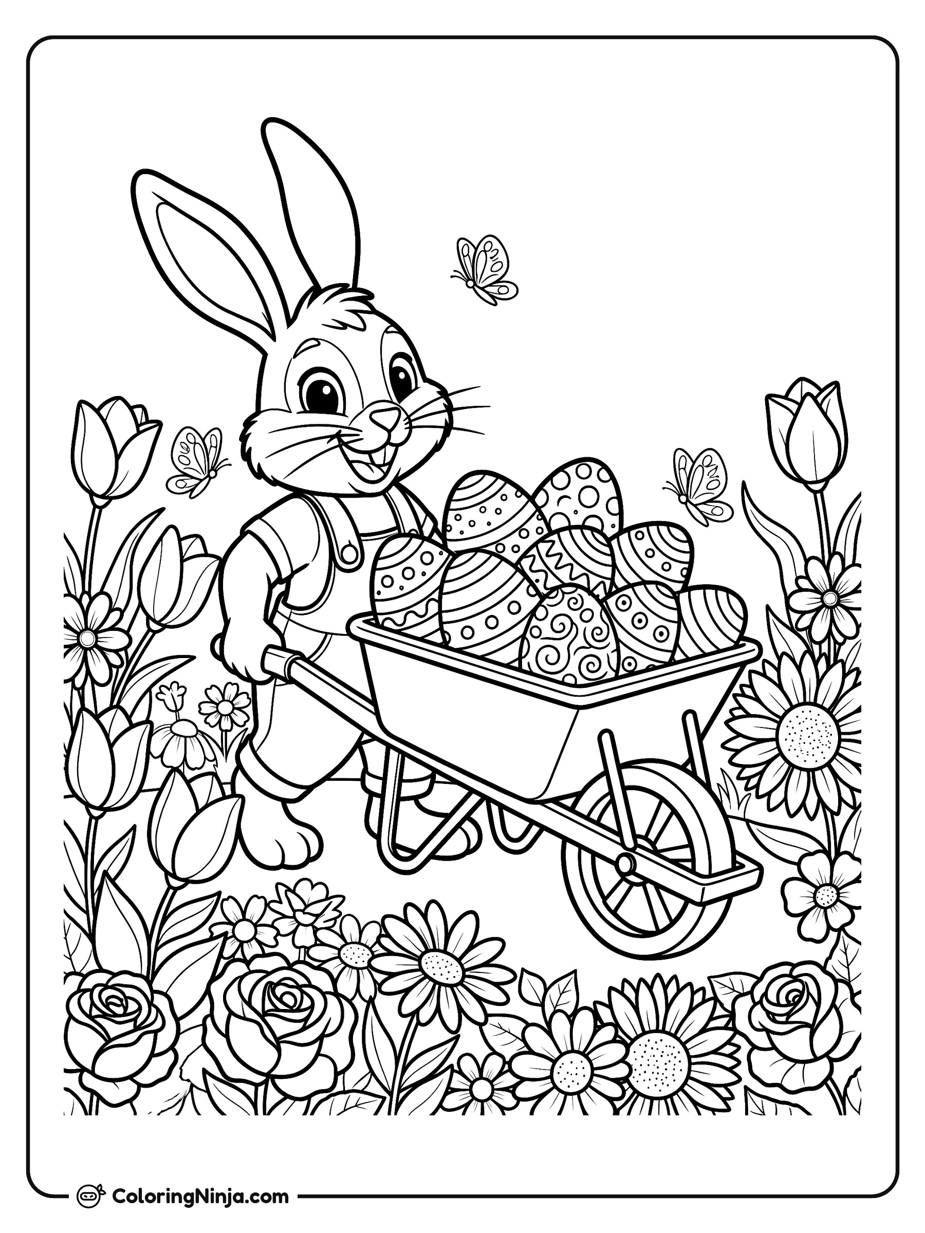 Conejito de Jardinería con Huevos de Primavera: dibujo para colorear