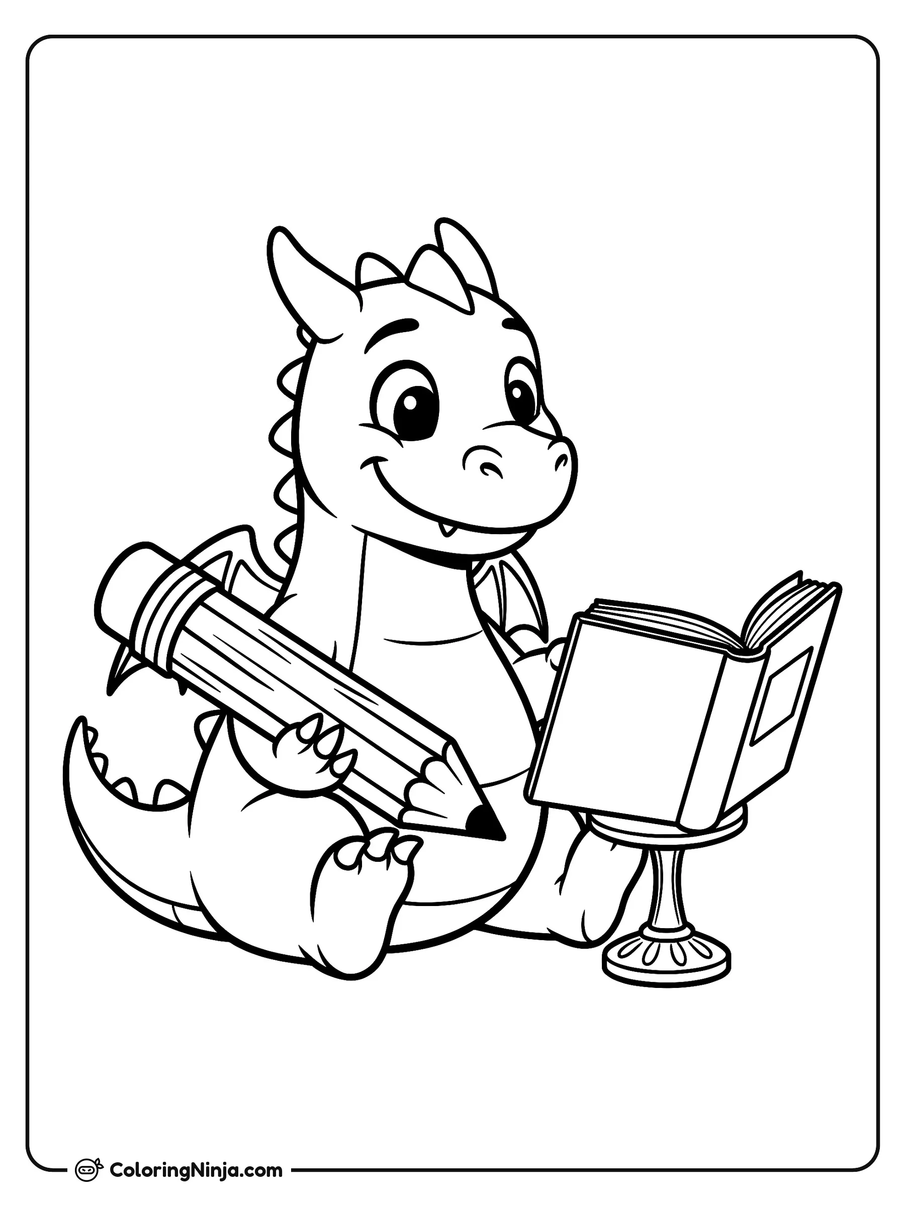 Lindo dragón dibujando un folioscopio, dibujo para colorear: Un amigable dragoncito se sienta alegremente mientras sostiene un gran lápiz entre sus brazos. Frente a él descansa un libro abierto sobre un pequeño soporte.